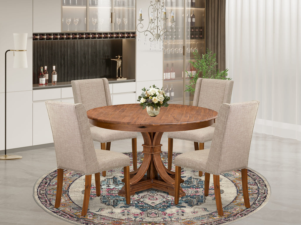 Luxe by East West Furniture F7FL5-50N-04 5-piece Dining Table Set consists of a kitchen table and 4 Light Tan Linen Fabric modern chair with Padded Back - Antique Walnut