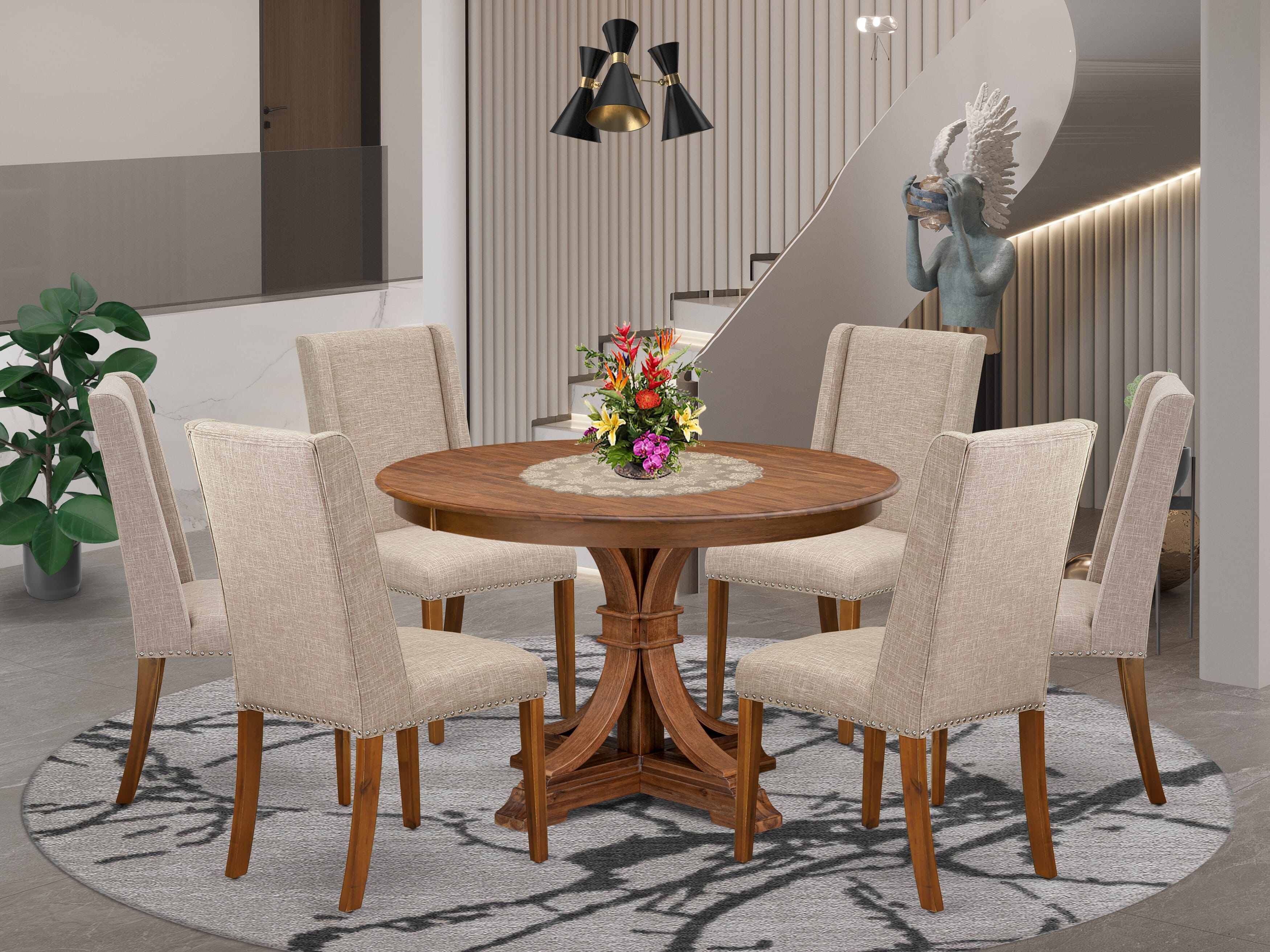 Luxe by East West Furniture F7FL7-40N-04 7-piece Dining Table Set consists of a dining table and 6 Light Tan Linen Fabric dinning chair with Padded Back - Antique Walnut