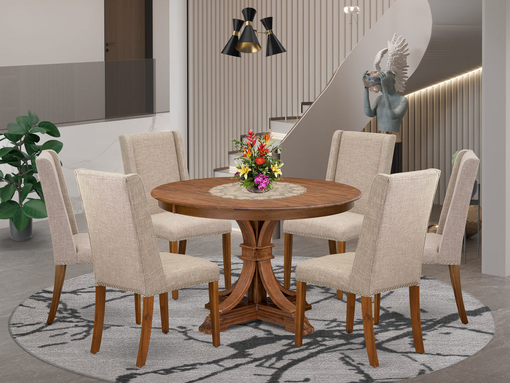 Luxe by East West Furniture F7FL7-40N-04 7-piece Dining Table Set consists of a dining table and 6 Light Tan Linen Fabric dinning chair with Padded Back - Antique Walnut