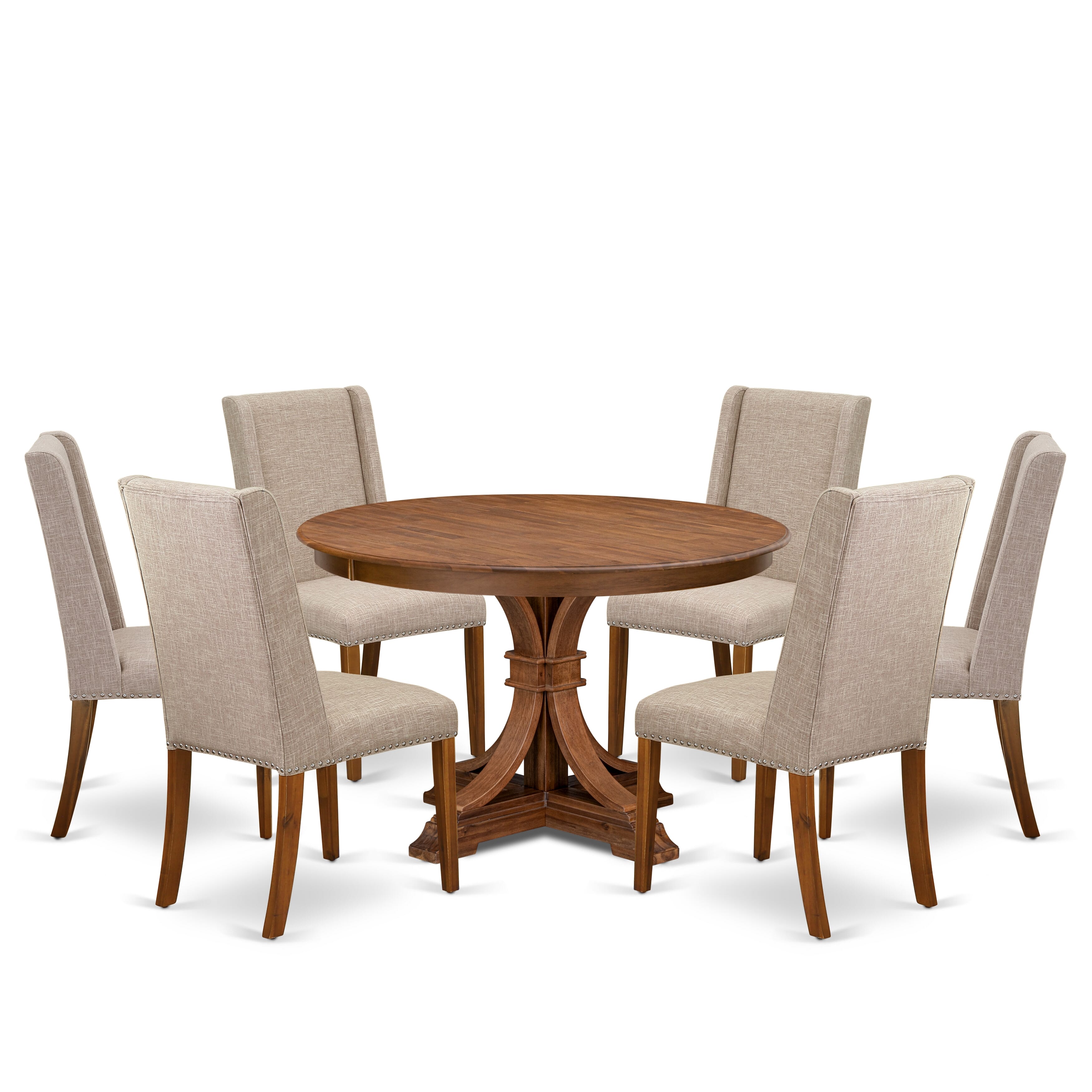 Luxe by East West Furniture F7FL7-40N-04 7-piece Dining Table Set consists of a dining table and 6 Light Tan Linen Fabric dinning chair with Padded Back - Antique Walnut