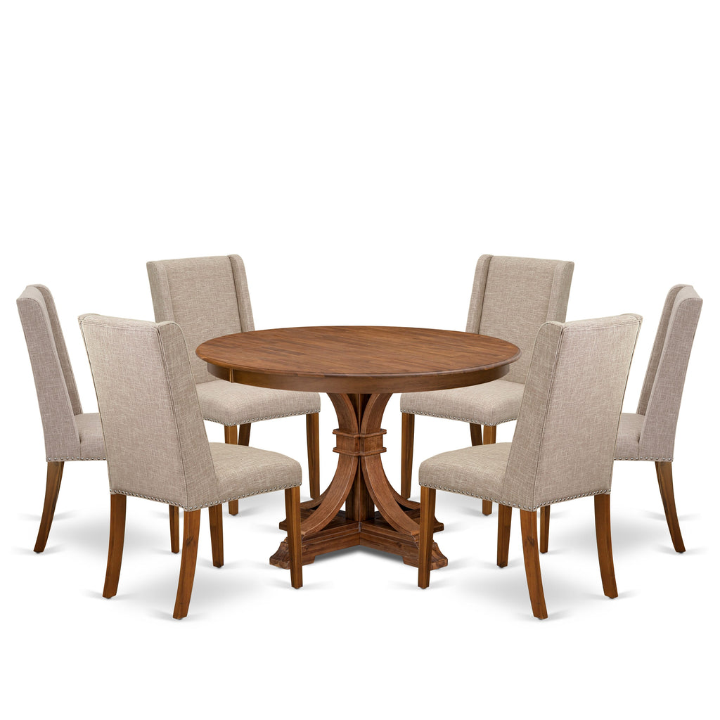 Luxe by East West Furniture F7FL7-40N-04 7-piece Dining Table Set consists of a dining table and 6 Light Tan Linen Fabric dinning chair with Padded Back - Antique Walnut