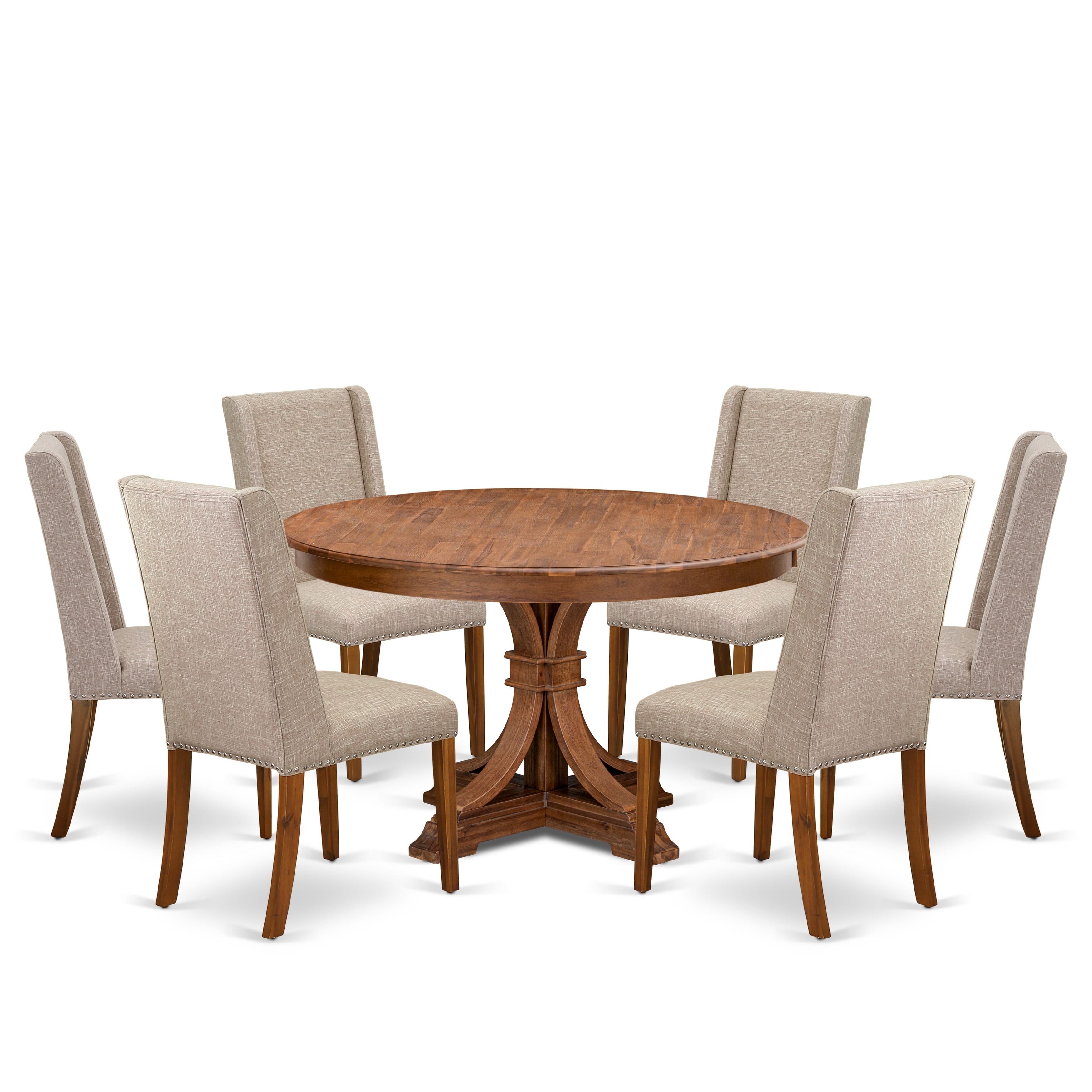 Luxe by East West Furniture F7FL7-50N-04 7-pc Modern Dining Set contains a dining room table and 6 Light Tan Linen Fabric upholstered chairs with Padded Back - Antique Walnut