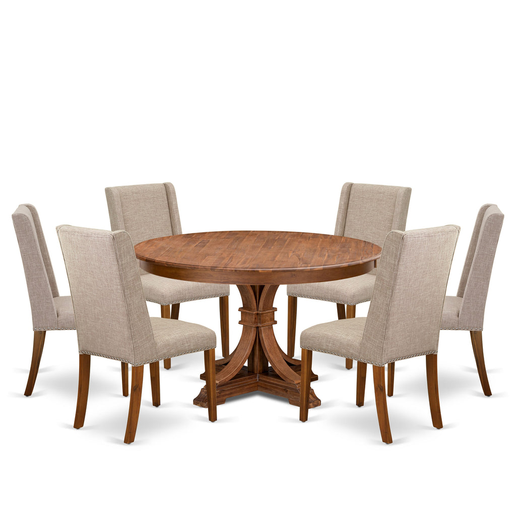 Luxe by East West Furniture F7FL7-50N-04 7-pc Modern Dining Set contains a dining room table and 6 Light Tan Linen Fabric upholstered chairs with Padded Back - Antique Walnut
