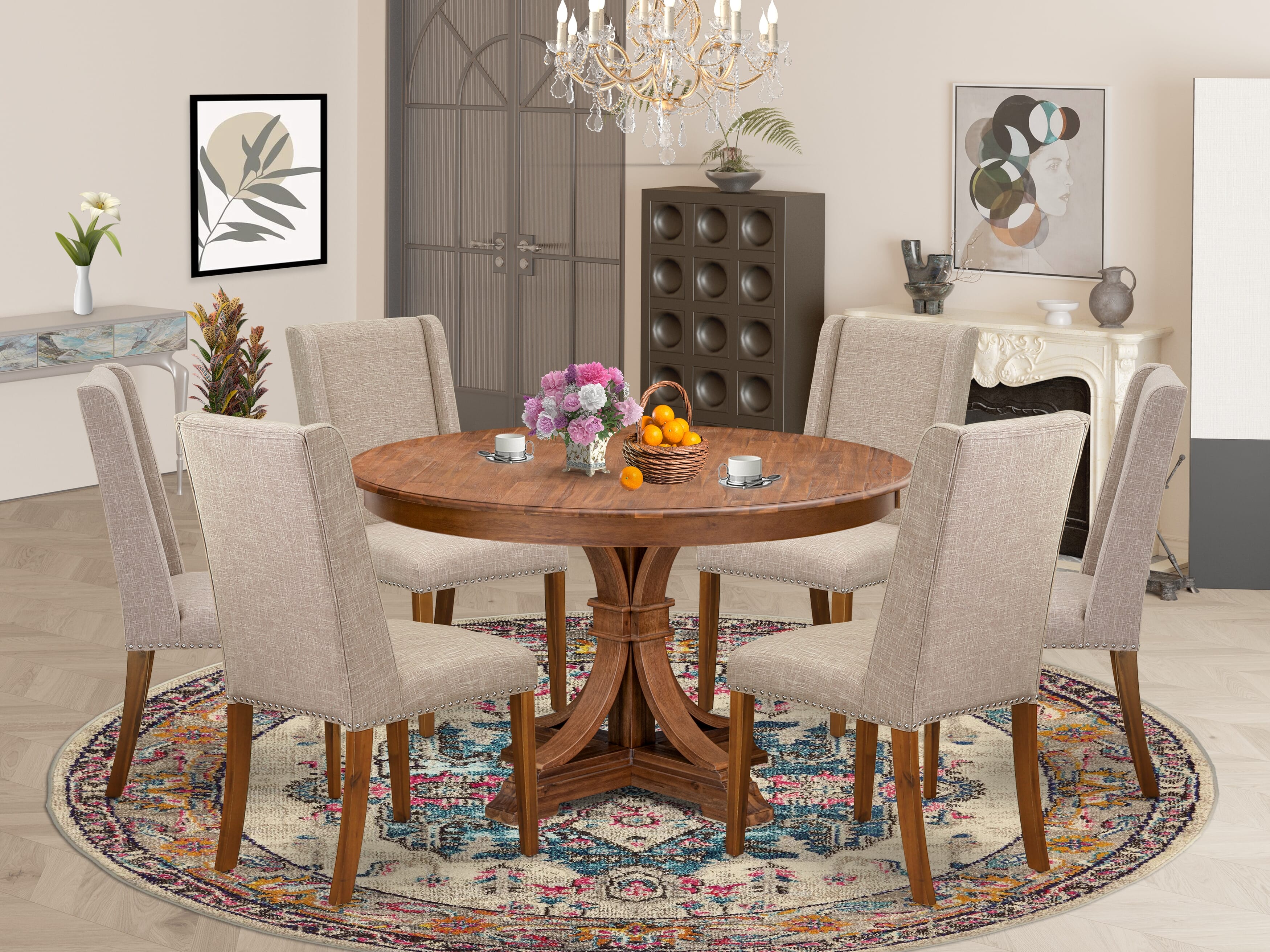 Luxe by East West Furniture F7FL7-50N-04 7-pc Modern Dining Set contains a dining room table and 6 Light Tan Linen Fabric upholstered chairs with Padded Back - Antique Walnut