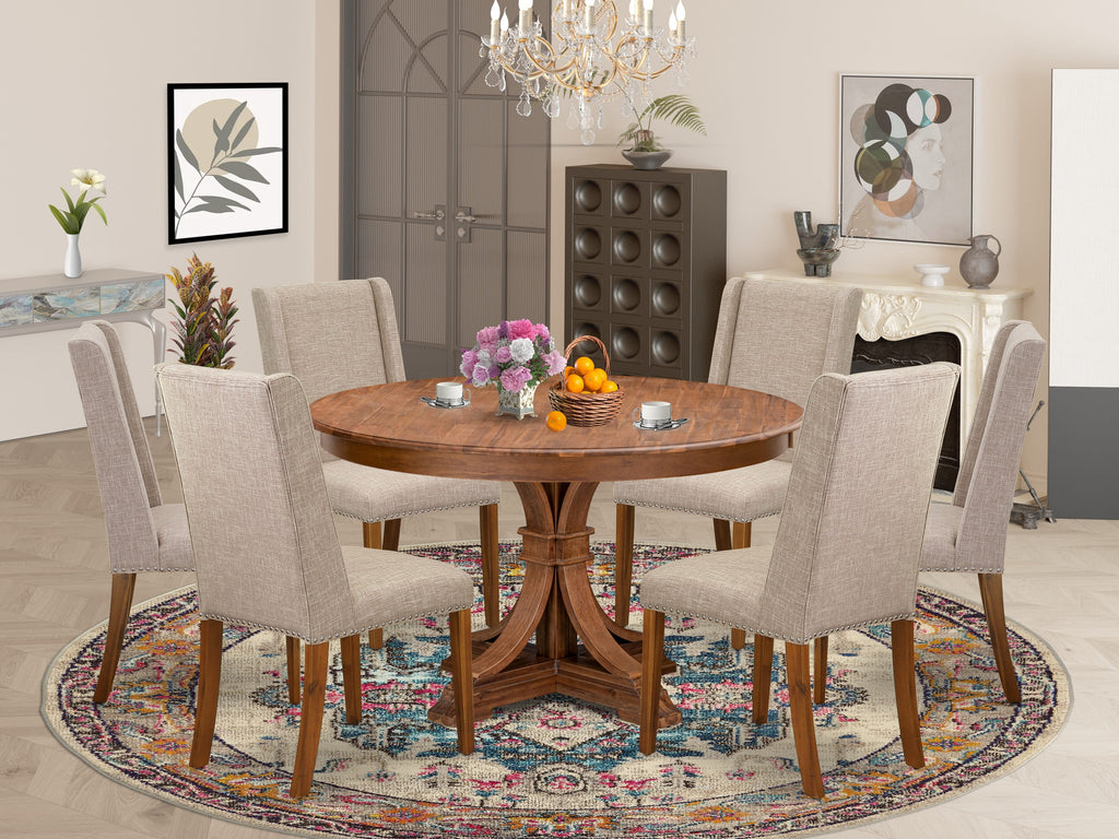 Luxe by East West Furniture F7FL7-50N-04 7-pc Modern Dining Set contains a dining room table and 6 Light Tan Linen Fabric upholstered chairs with Padded Back - Antique Walnut