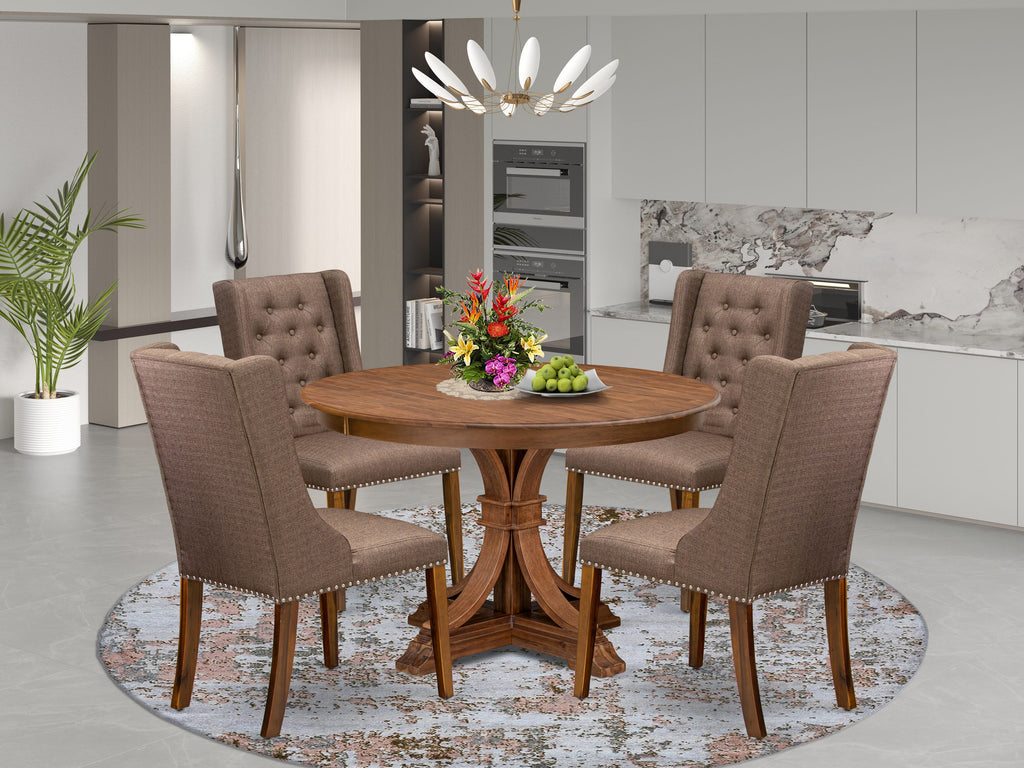 Luxe by East West Furniture - F7FO5-40N-18 - 5-Piece Dining Room Table Set Consist of A Table and 4 Brown Linen Fabric Kitchen Chairs with Button Tufted Back, Antique Walnut