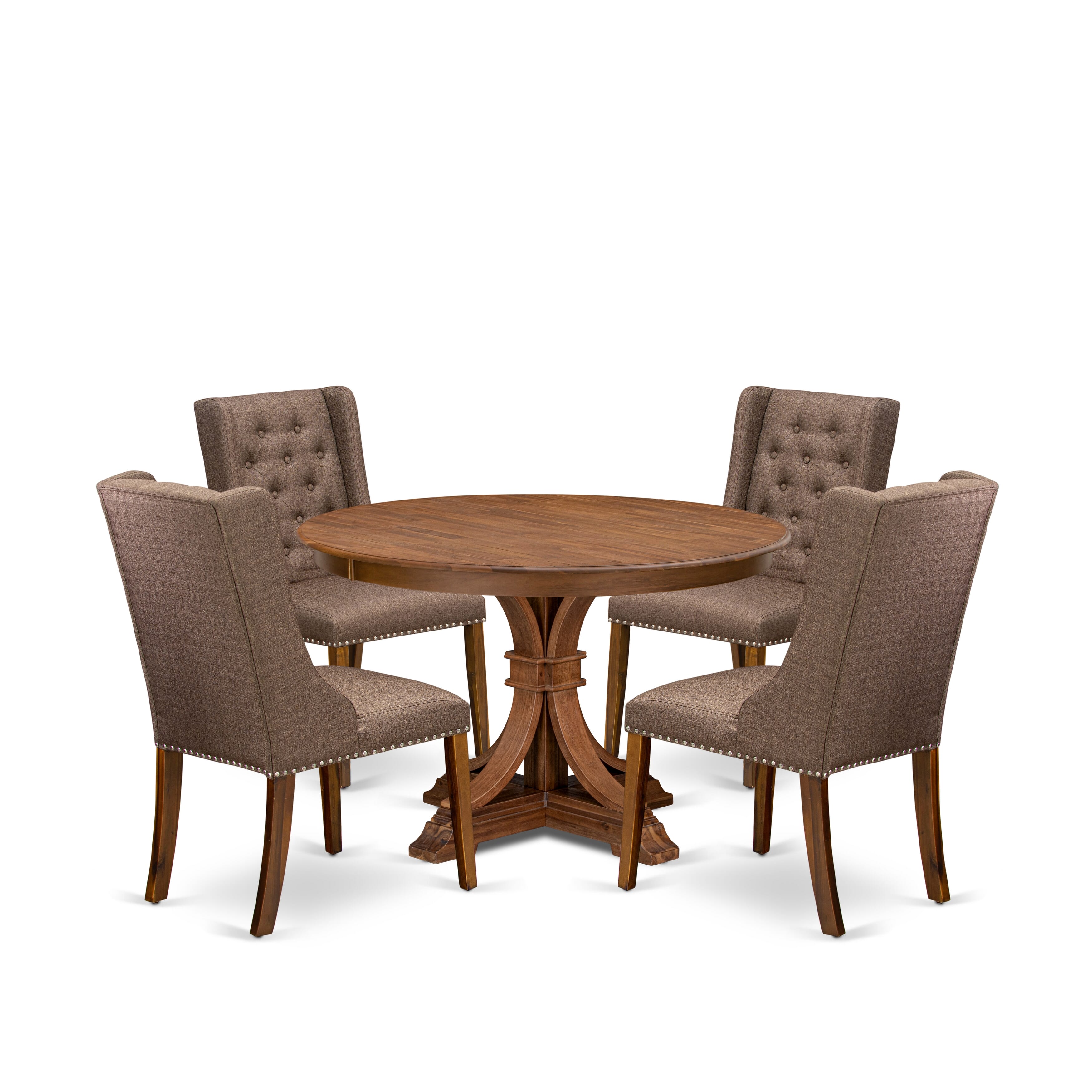 Luxe by East West Furniture - F7FO5-40N-18 - 5-Piece Dining Room Table Set Consist of A Table and 4 Brown Linen Fabric Kitchen Chairs with Button Tufted Back, Antique Walnut