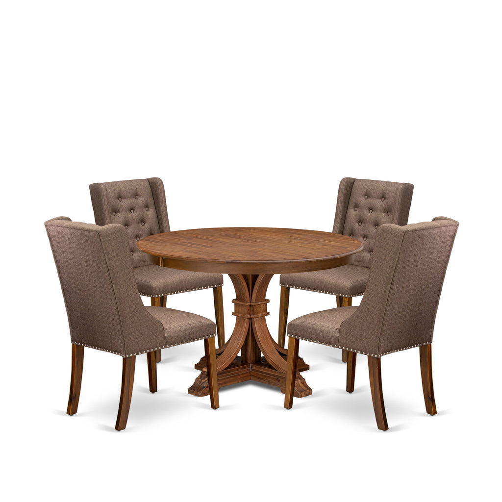Luxe by East West Furniture - F7FO5-40N-18 - 5-Piece Dining Room Table Set Consist of A Table and 4 Brown Linen Fabric Kitchen Chairs with Button Tufted Back, Antique Walnut