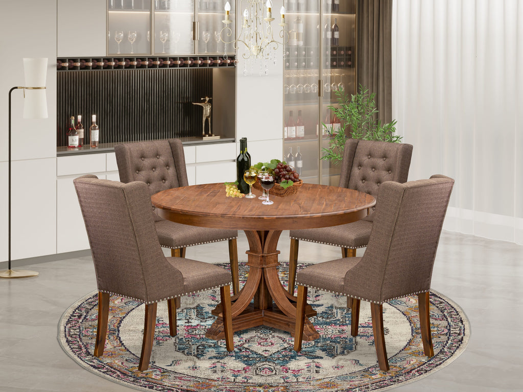 Luxe by East West Furniture - F7FO5-50N-18 - 5-Pc Kitchen Table Set Includes A Mid Century Table and 4 Brown Linen Fabric Modern Chairs with Button Tufted Back, Antique Walnut