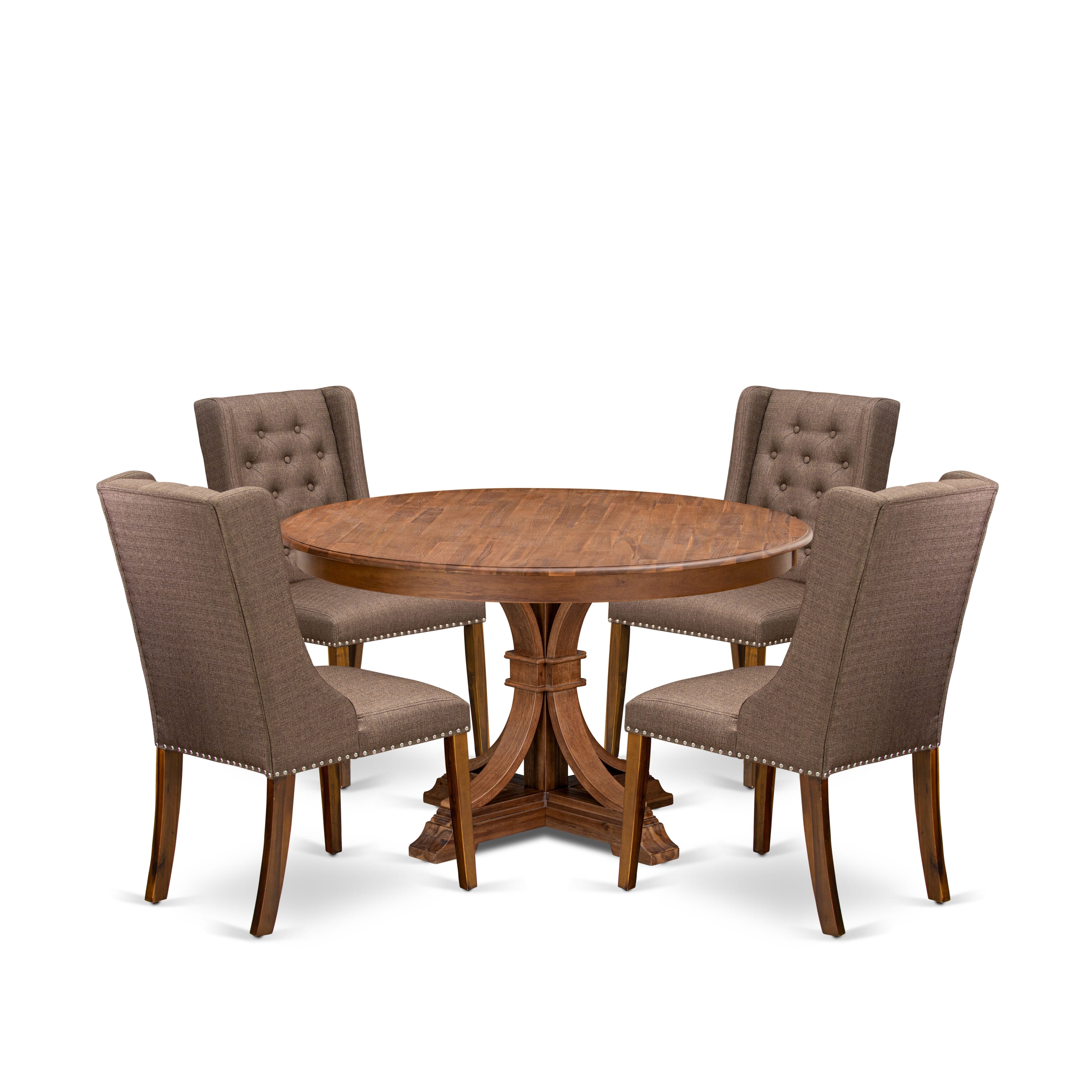 Luxe by East West Furniture - F7FO5-50N-18 - 5-Pc Kitchen Table Set Includes A Mid Century Table and 4 Brown Linen Fabric Modern Chairs with Button Tufted Back, Antique Walnut