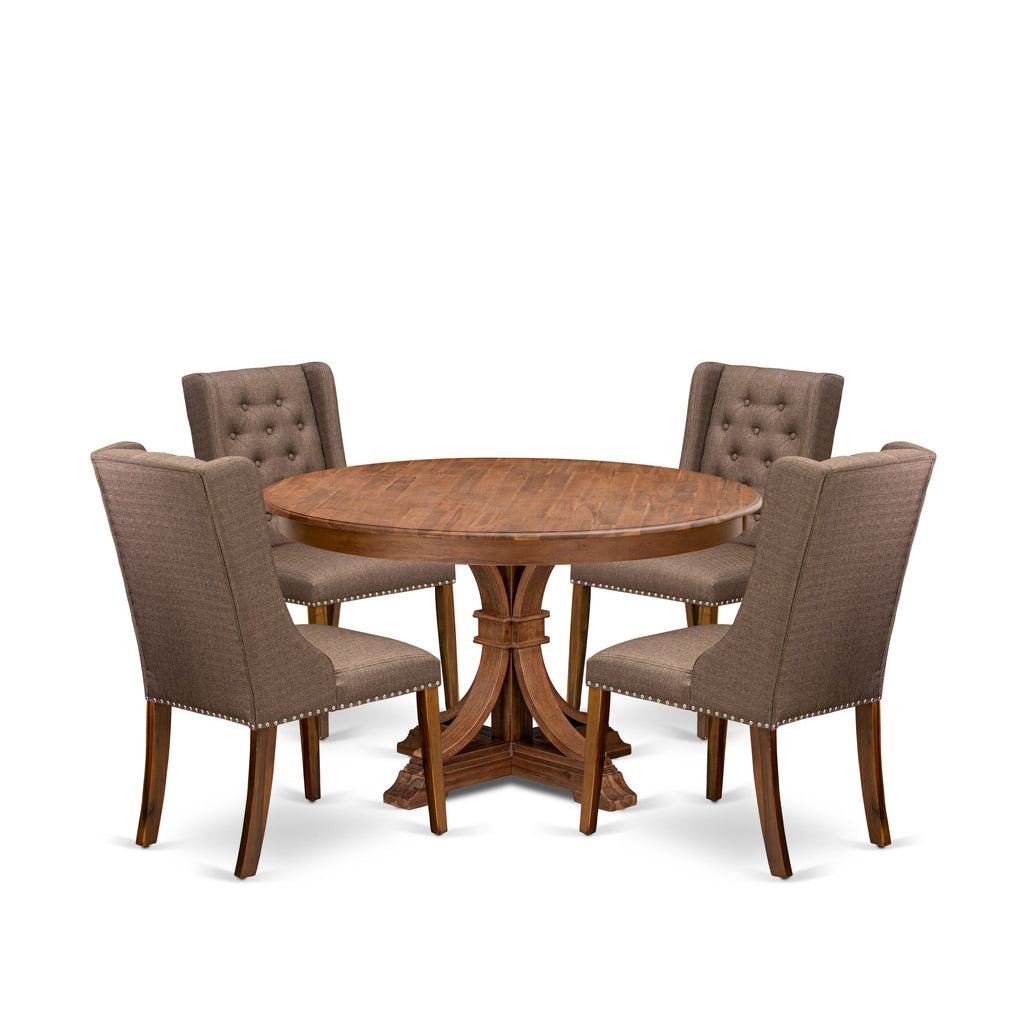 Luxe by East West Furniture - F7FO5-50N-18 - 5-Pc Kitchen Table Set Includes A Mid Century Table and 4 Brown Linen Fabric Modern Chairs with Button Tufted Back, Antique Walnut