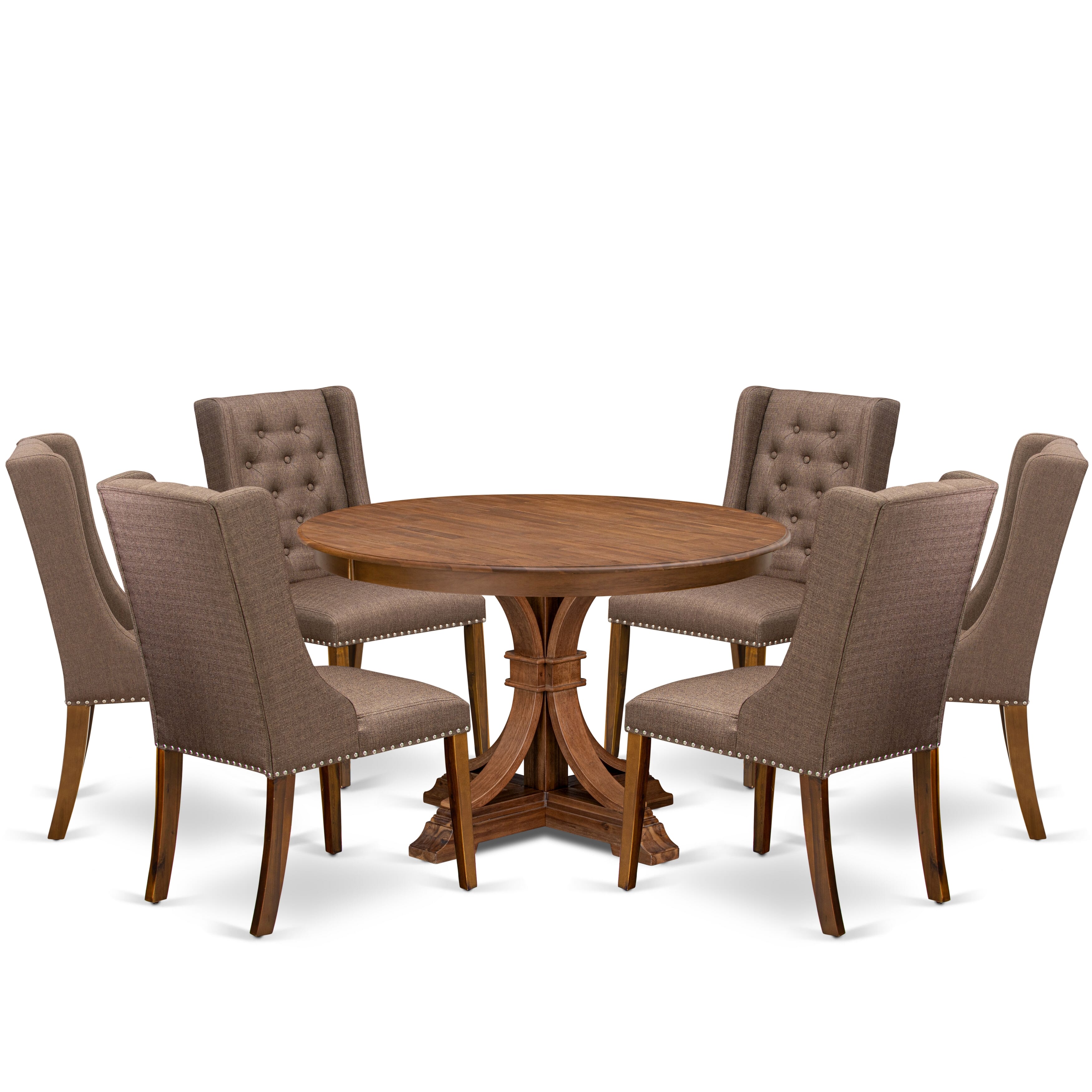 Luxe by East West Furniture - F7FO7-40N-18 - 7-Piece Dining Table Set Includes A Dining Table and 6 Brown Linen Fabric Dining Chairs with Button Tufted Back, Antique Walnut
