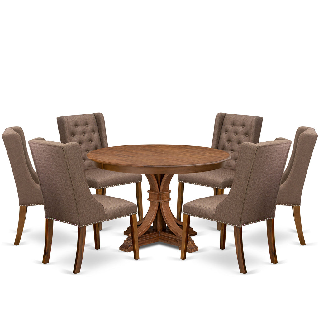 Luxe by East West Furniture - F7FO7-40N-18 - 7-Piece Dining Table Set Includes A Dining Table and 6 Brown Linen Fabric Dining Chairs with Button Tufted Back, Antique Walnut