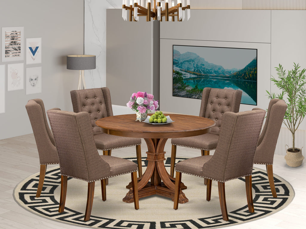 Luxe by East West Furniture - F7FO7-40N-18 - 7-Piece Dining Table Set Includes A Dining Table and 6 Brown Linen Fabric Dining Chairs with Button Tufted Back, Antique Walnut