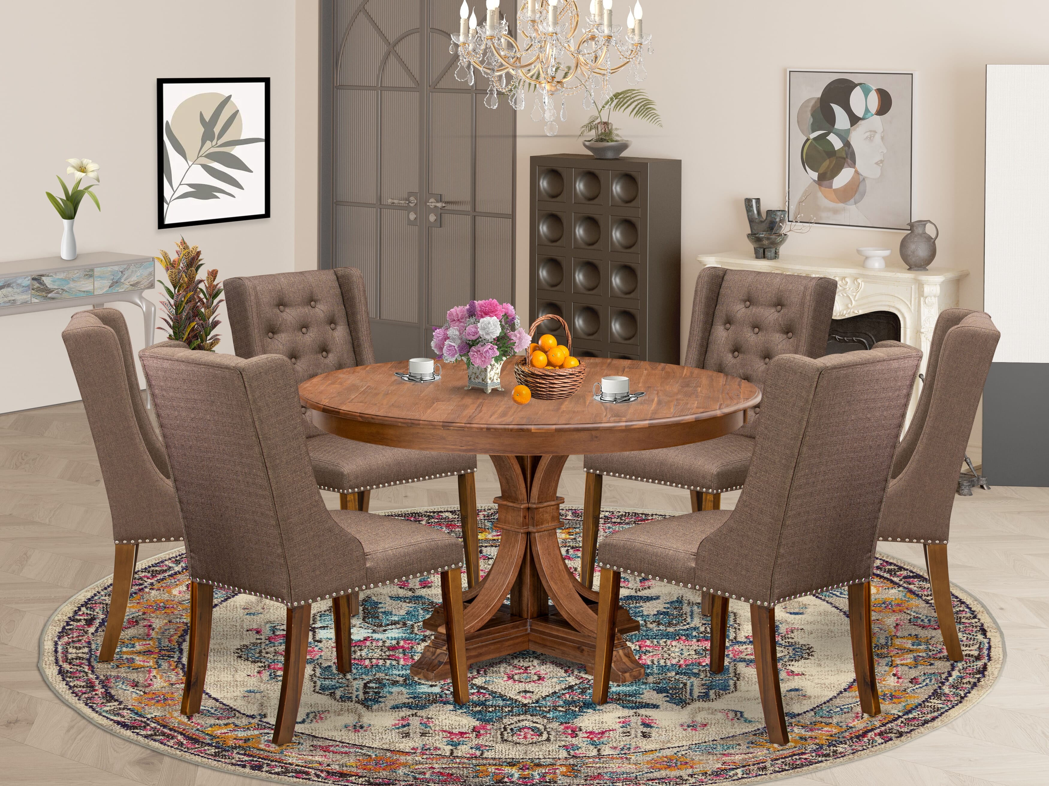 Luxe by East West Furniture - F7FO7-50N-18 - 7-Piece Dining Room Set Contains A Kitchen Table and 6 Brown Linen Fabric Parsons Chairs with Button Tufted Back, Antique Walnut