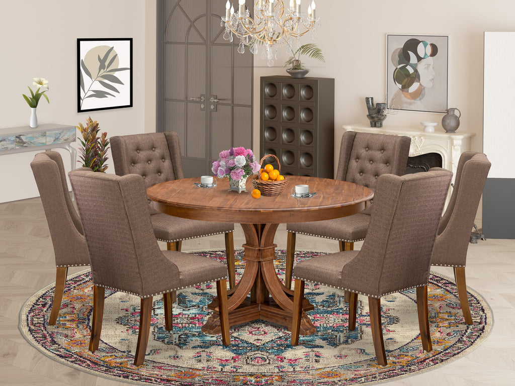 Luxe by East West Furniture - F7FO7-50N-18 - 7-Piece Dining Room Set Contains A Kitchen Table and 6 Brown Linen Fabric Parsons Chairs with Button Tufted Back, Antique Walnut