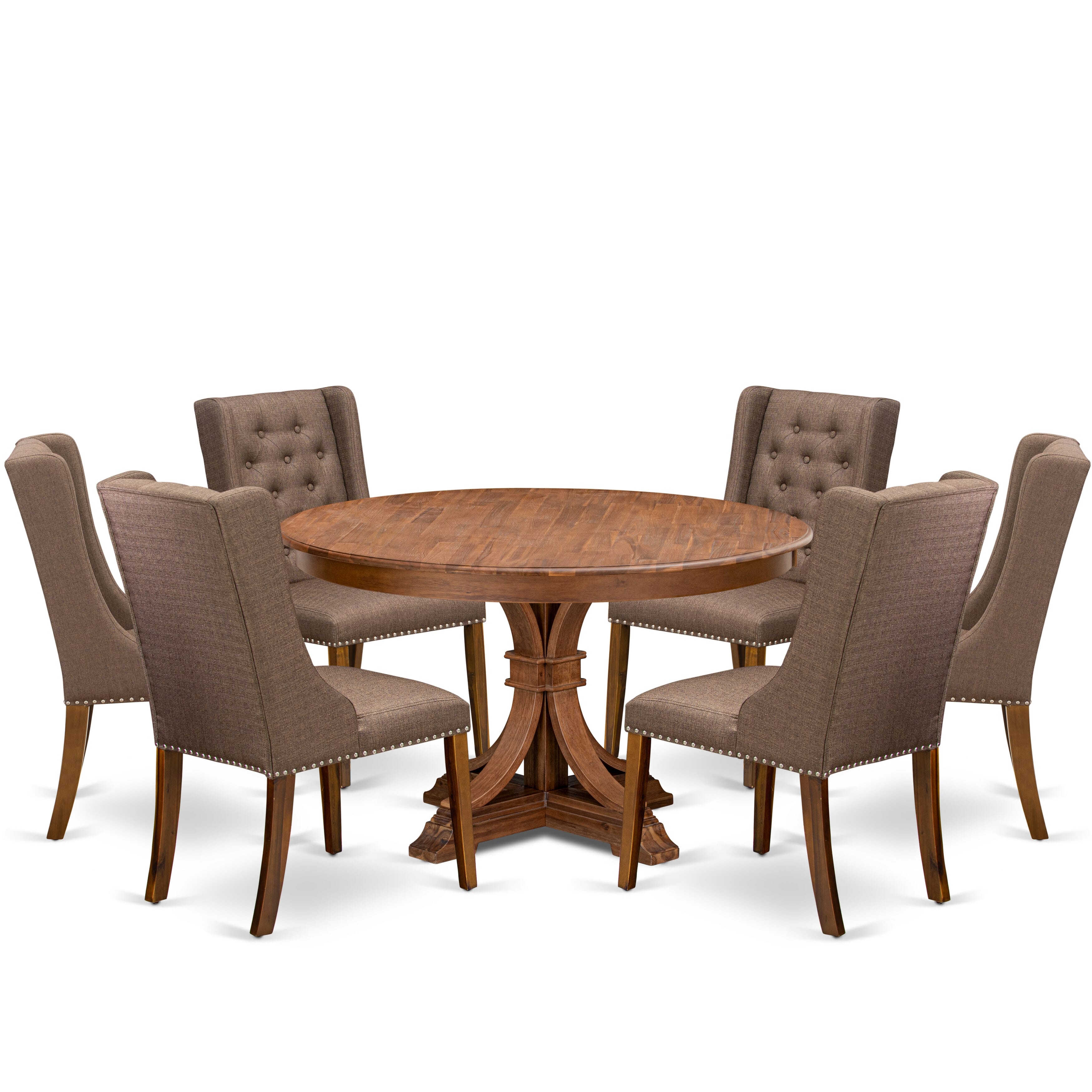 Luxe by East West Furniture - F7FO7-50N-18 - 7-Piece Dining Room Set Contains A Kitchen Table and 6 Brown Linen Fabric Parsons Chairs with Button Tufted Back, Antique Walnut