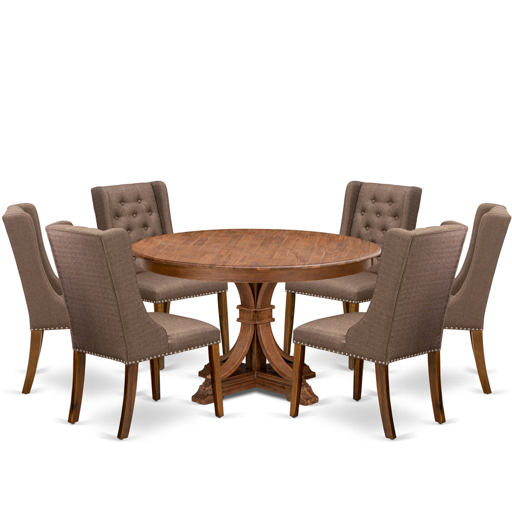 Luxe by East West Furniture - F7FO7-50N-18 - 7-Piece Dining Room Set Contains A Kitchen Table and 6 Brown Linen Fabric Parsons Chairs with Button Tufted Back, Antique Walnut