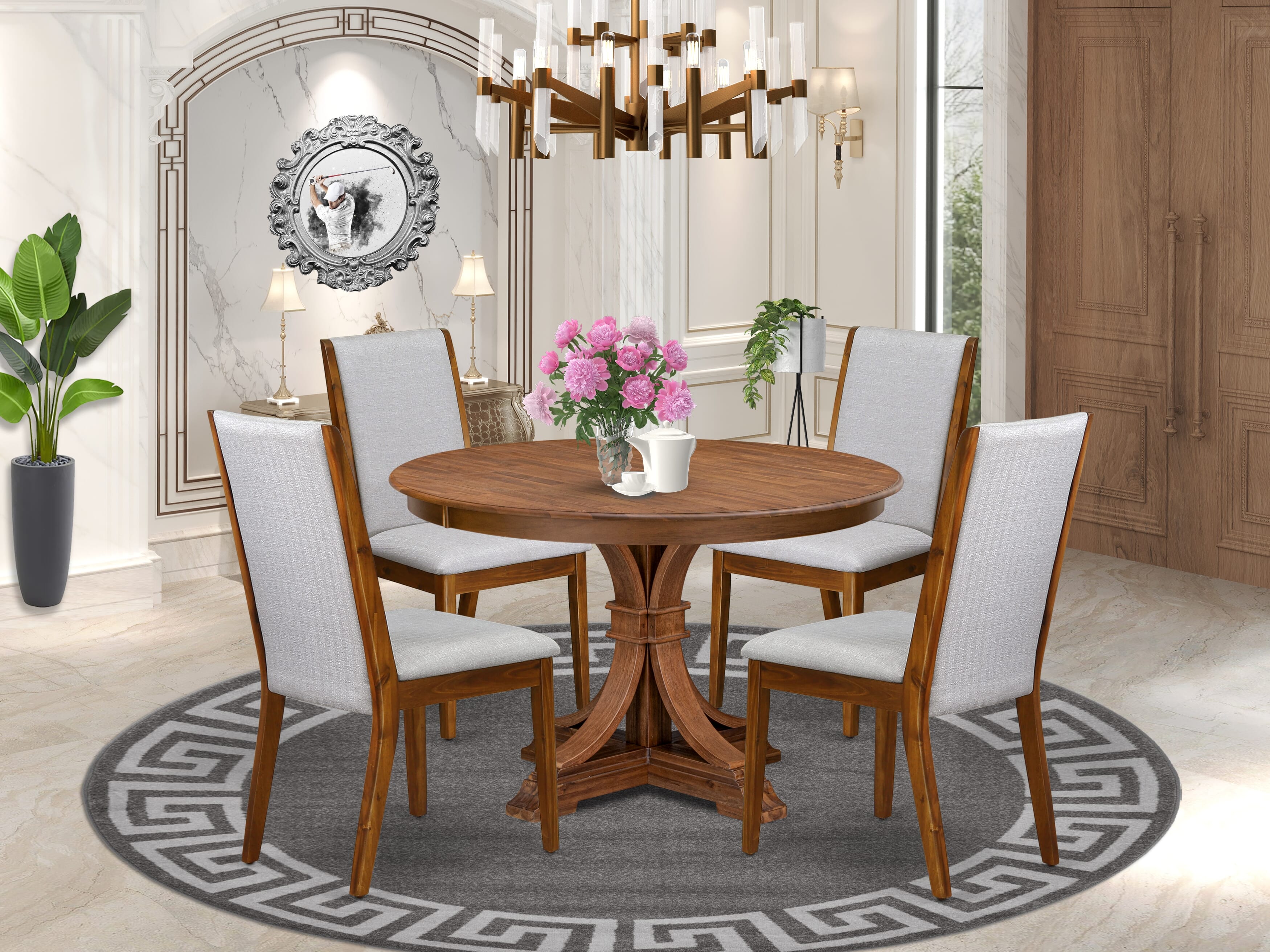 Luxe by East West Furniture - F7LA5-40N-05 - 5-Piece Kitchen Table Set Consist of A Wooden Dining Table and 4 Grey Linen Fabric Kitchen Chairs with High Back, Antique Walnut