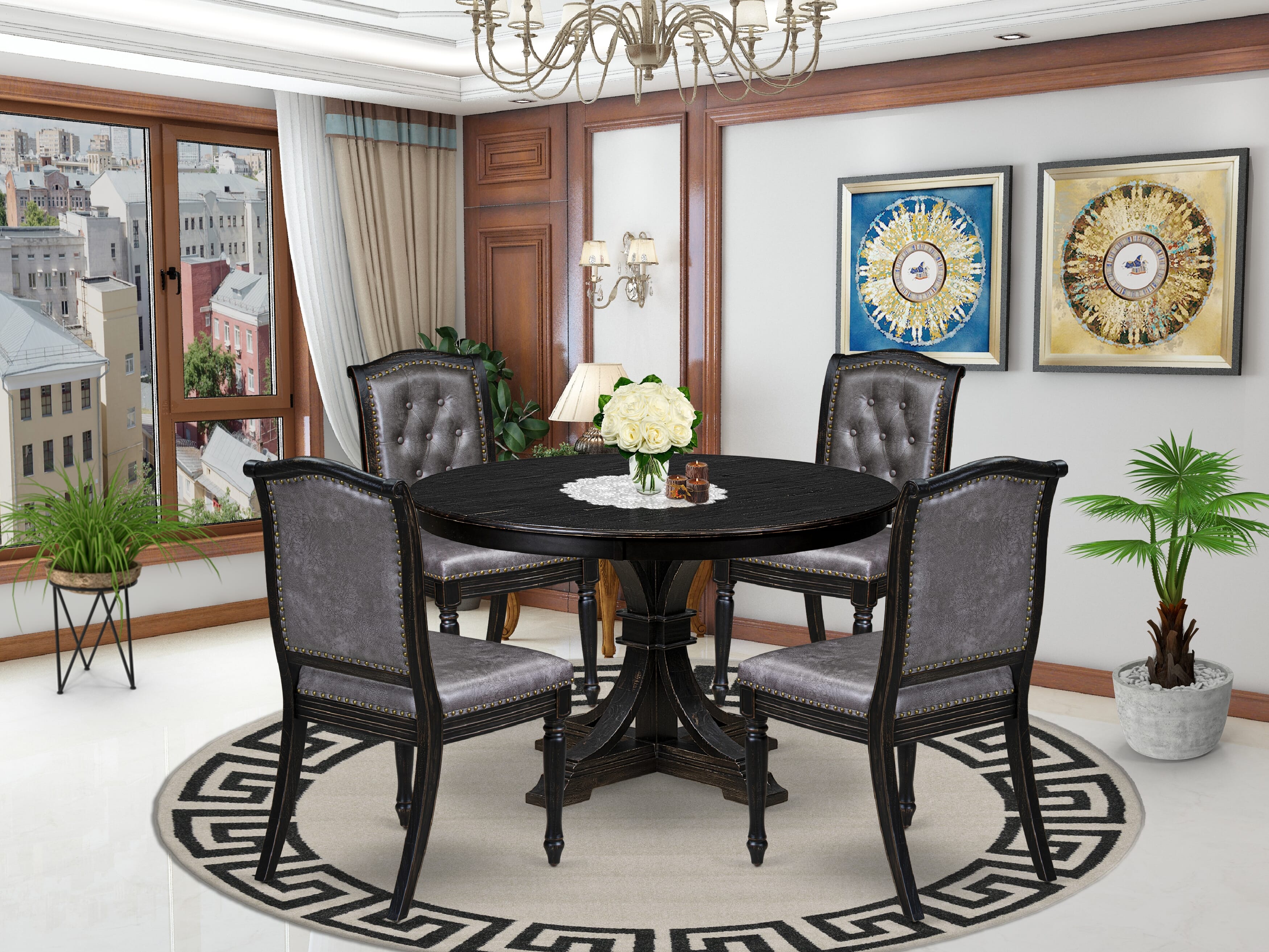 Luxe by East West Furniture - F7MA5-411-34 - 5-piece Dining Room Table Set consists of a Dining Table and 4 Dark Grey Polyester Fabric Padded Chair with Button Tufted Back - Sand Blasting Black