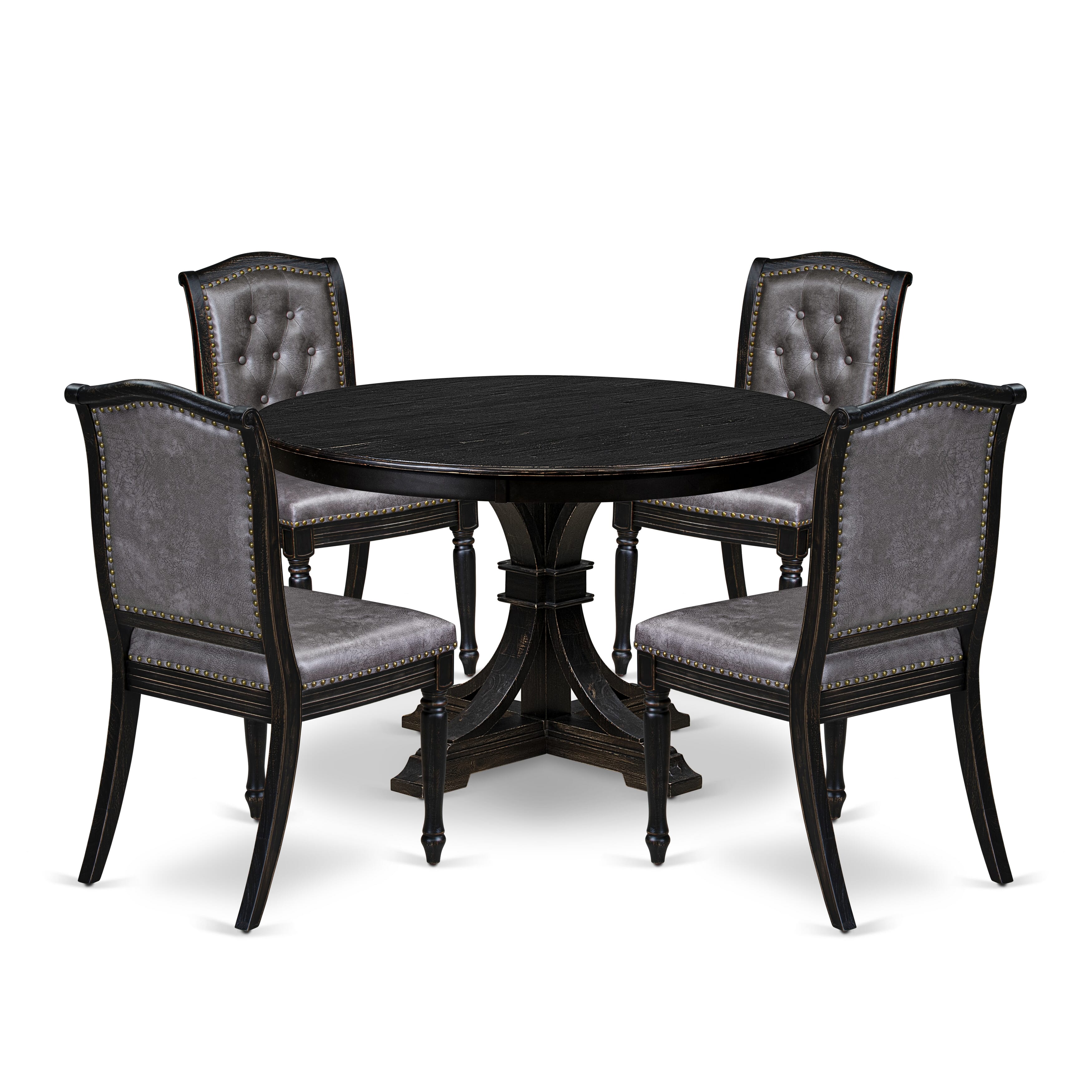 Luxe by East West Furniture - F7MA5-411-34 - 5-piece Dining Room Table Set consists of a Dining Table and 4 Dark Grey Polyester Fabric Padded Chair with Button Tufted Back - Sand Blasting Black
