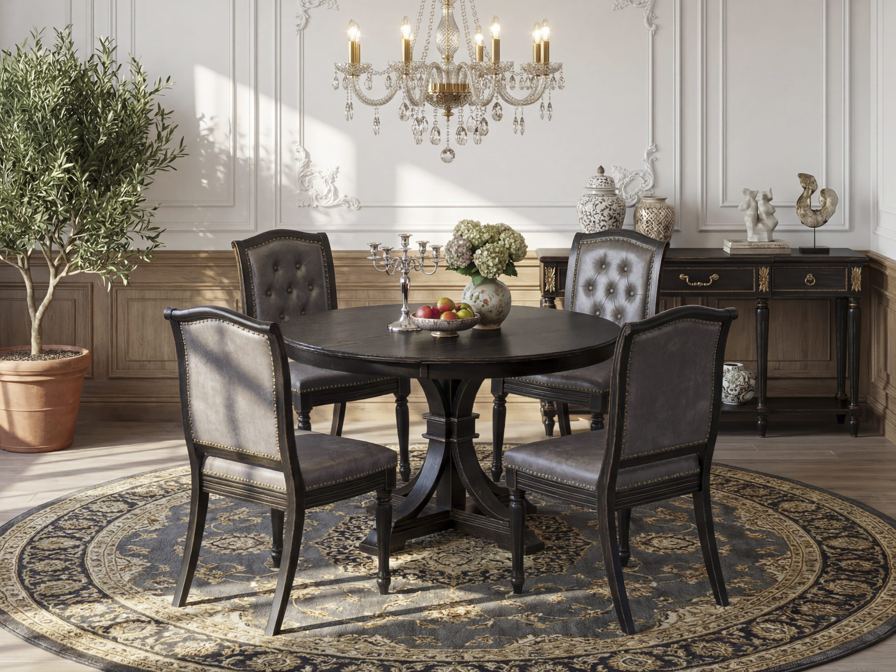 Luxe by East West Furniture - F7MA5-411-34 - 5-piece Dining Room Table Set consists of a Dining Table and 4 Dark Grey Polyester Fabric Padded Chair with Button Tufted Back - Sand Blasting Black