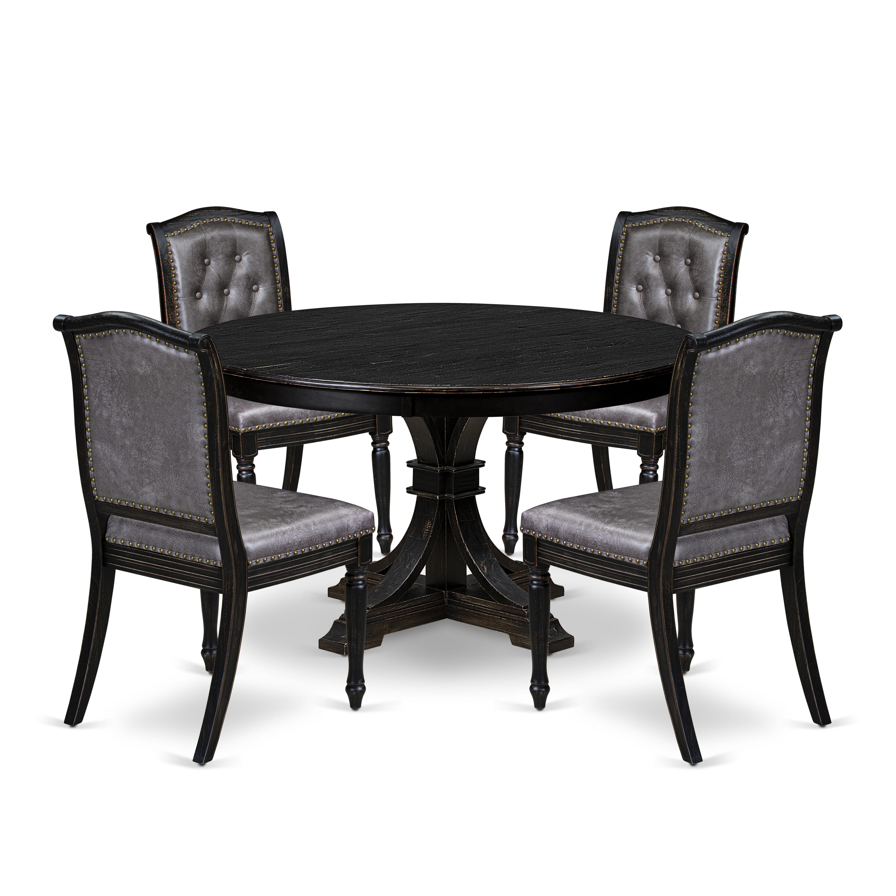 Luxe by East West Furniture - F7MA5-511-34 - 5-piece Dining Table Set consists of a Dining Table and 4 Dark Grey Polyester Fabric Dining Chairs with Button Tufted Back - Sand Blasting Black Finish