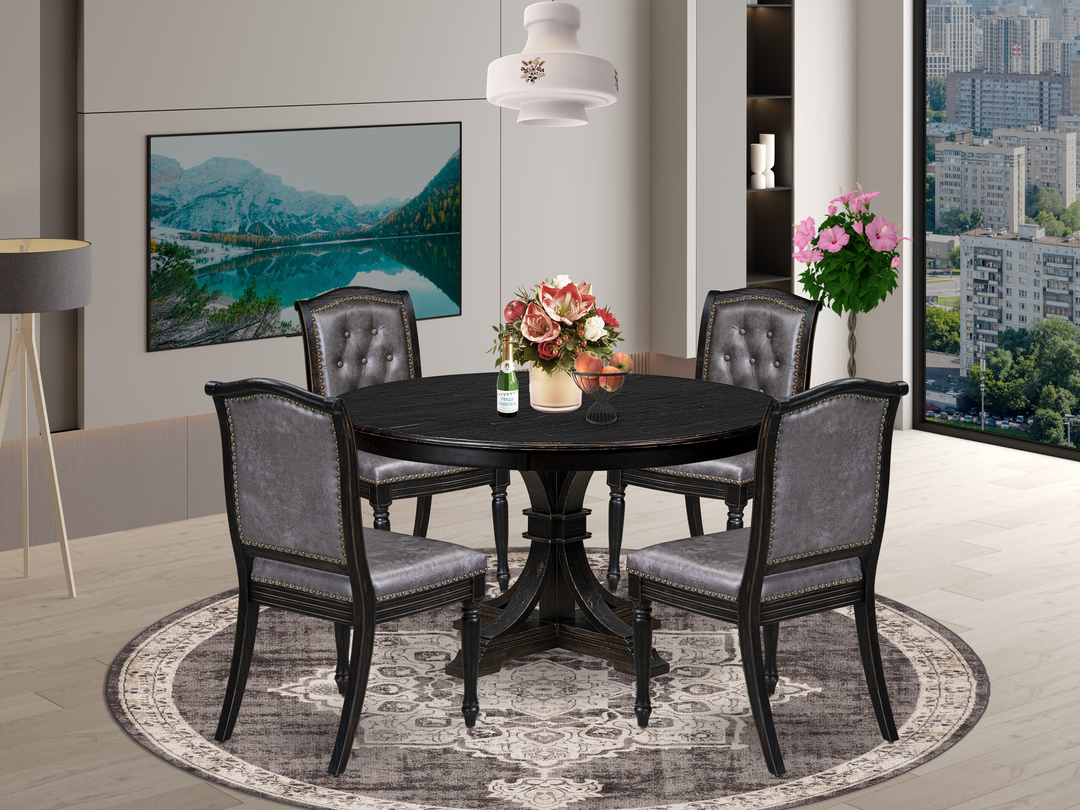 Luxe by East West Furniture - F7MA5-511-34 - 5-piece Dining Table Set consists of a Dining Table and 4 Dark Grey Polyester Fabric Dining Chairs with Button Tufted Back - Sand Blasting Black Finish