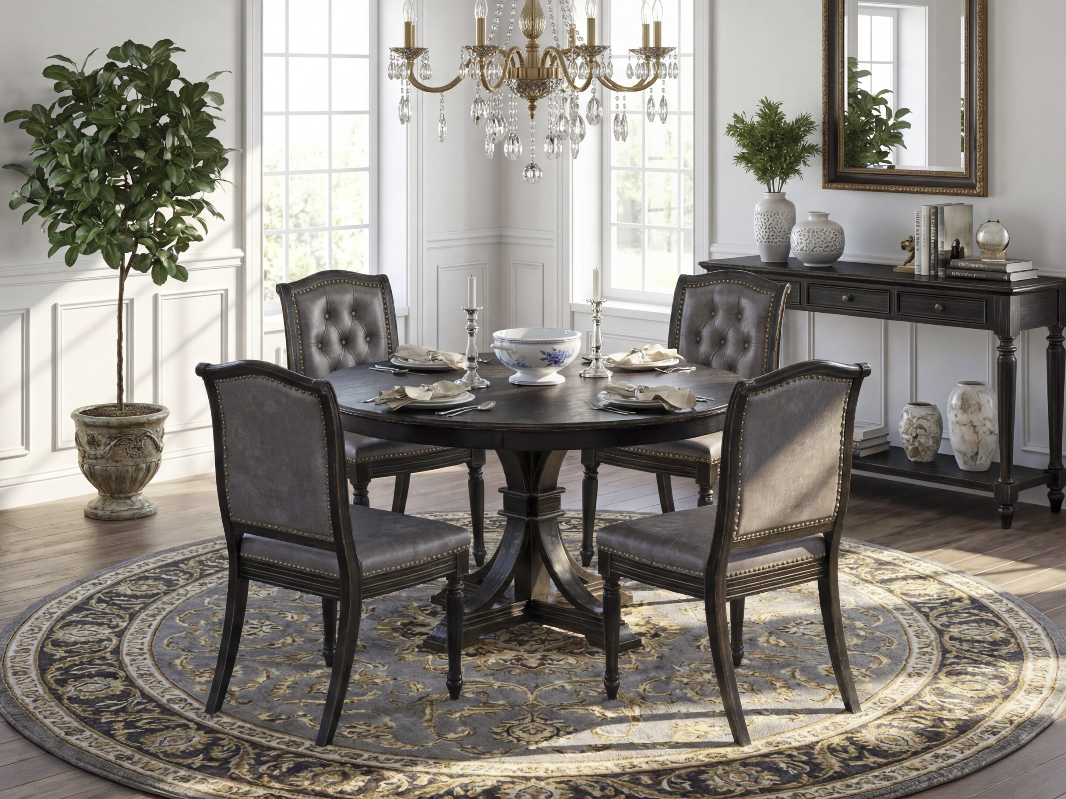 Luxe by East West Furniture - F7MA5-511-34 - 5-piece Dining Table Set consists of a Dining Table and 4 Dark Grey Polyester Fabric Dining Chairs with Button Tufted Back - Sand Blasting Black Finish