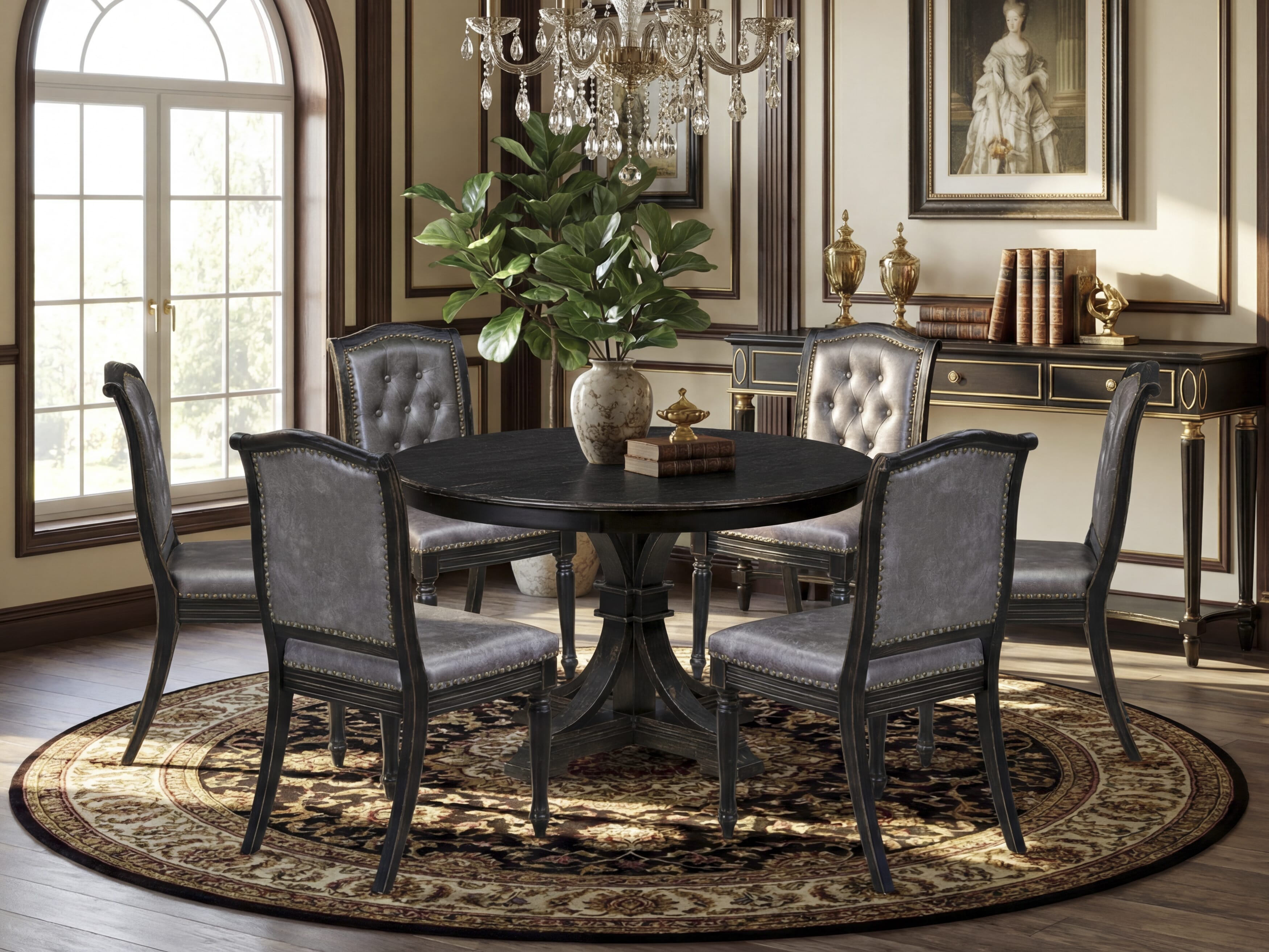 Luxe by East West Furniture - F7MA7-411-34 - 7-piece Dining Room Table Set consists of a Dining Table and 6 Dark Grey Polyester Fabric Padded Chair with Button Tufted Back - Sand Blasting Black