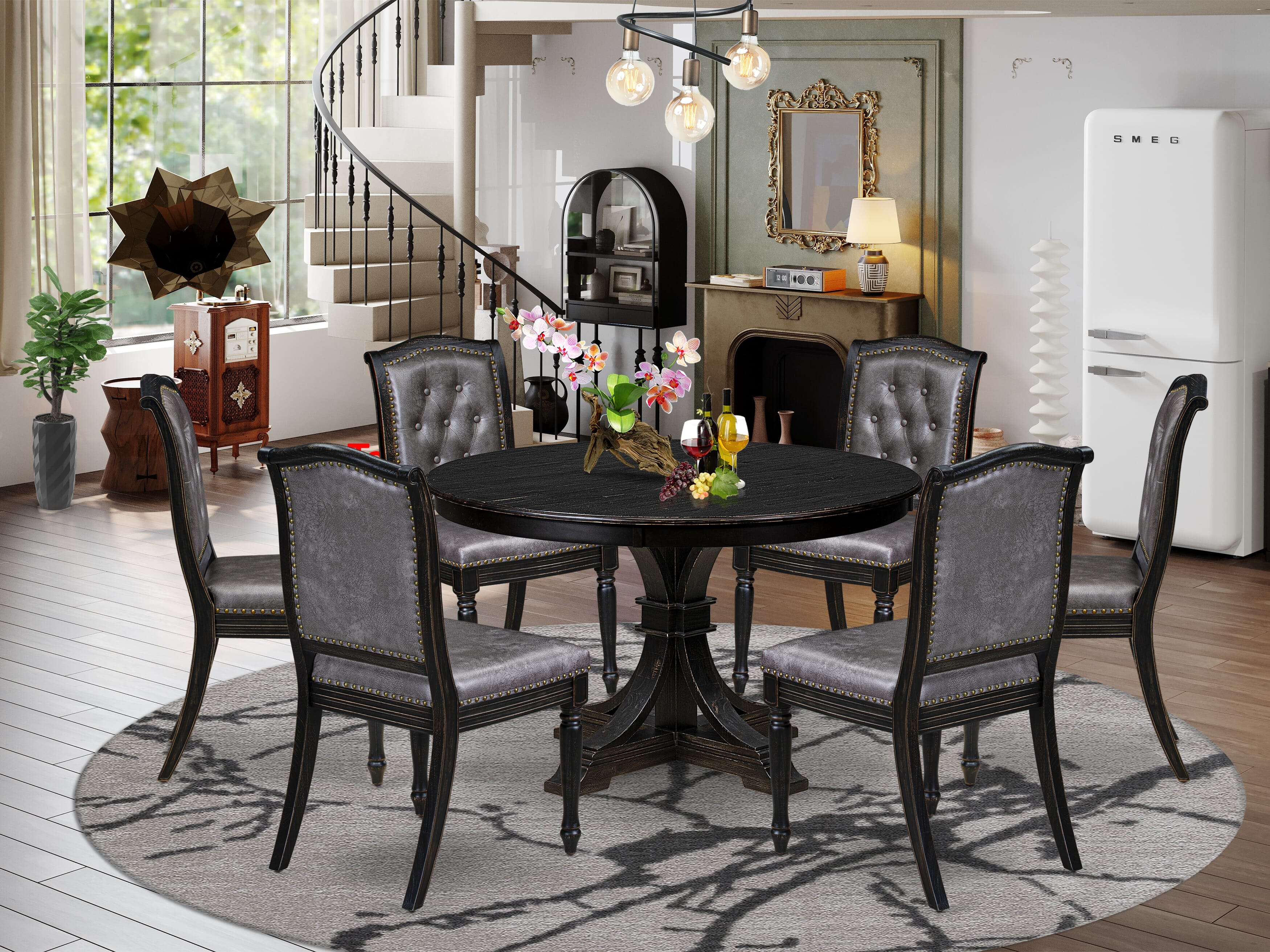 Luxe by East West Furniture - F7MA7-411-34 - 7-piece Dining Room Table Set consists of a Dining Table and 6 Dark Grey Polyester Fabric Padded Chair with Button Tufted Back - Sand Blasting Black
