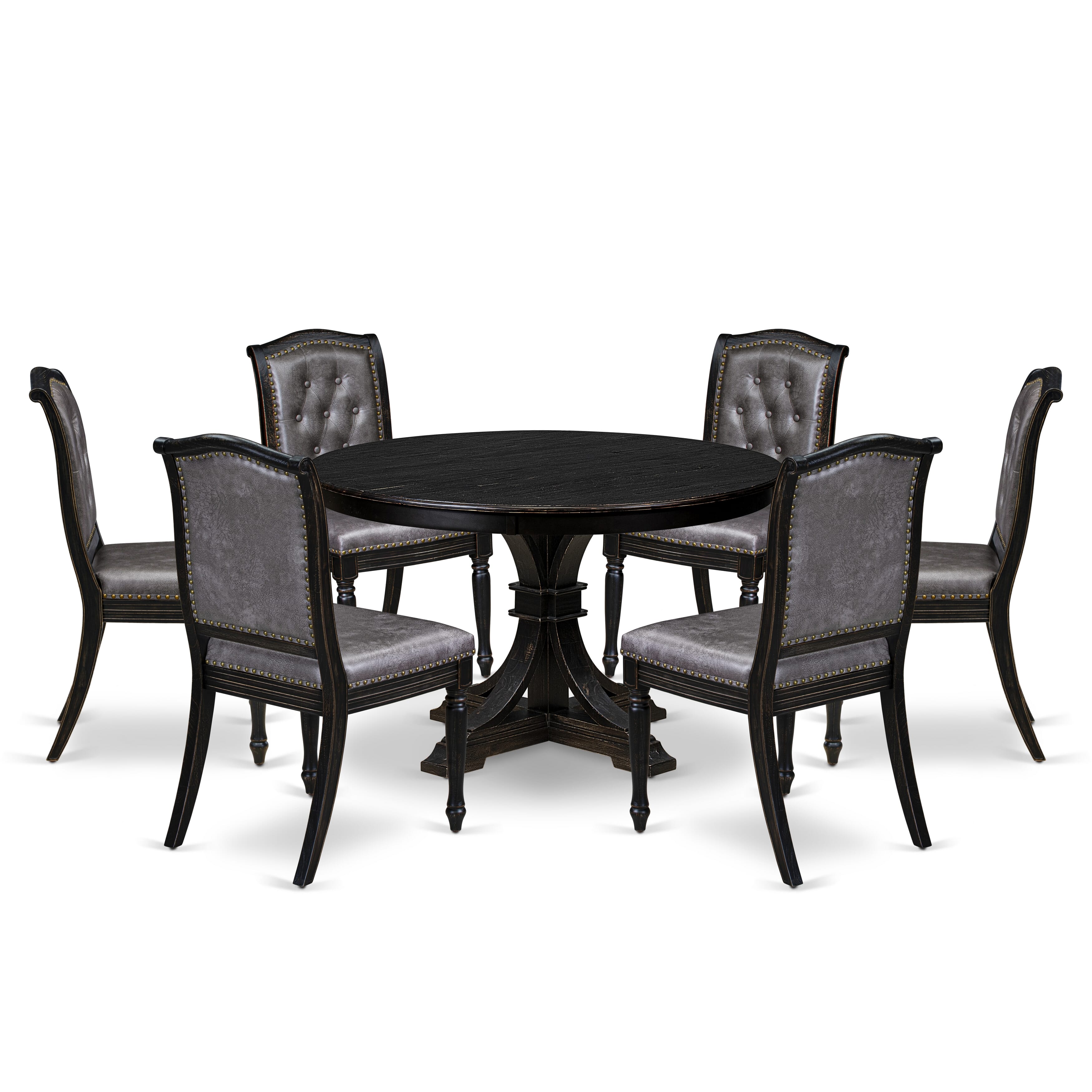 Luxe by East West Furniture - F7MA7-411-34 - 7-piece Dining Room Table Set consists of a Dining Table and 6 Dark Grey Polyester Fabric Padded Chair with Button Tufted Back - Sand Blasting Black