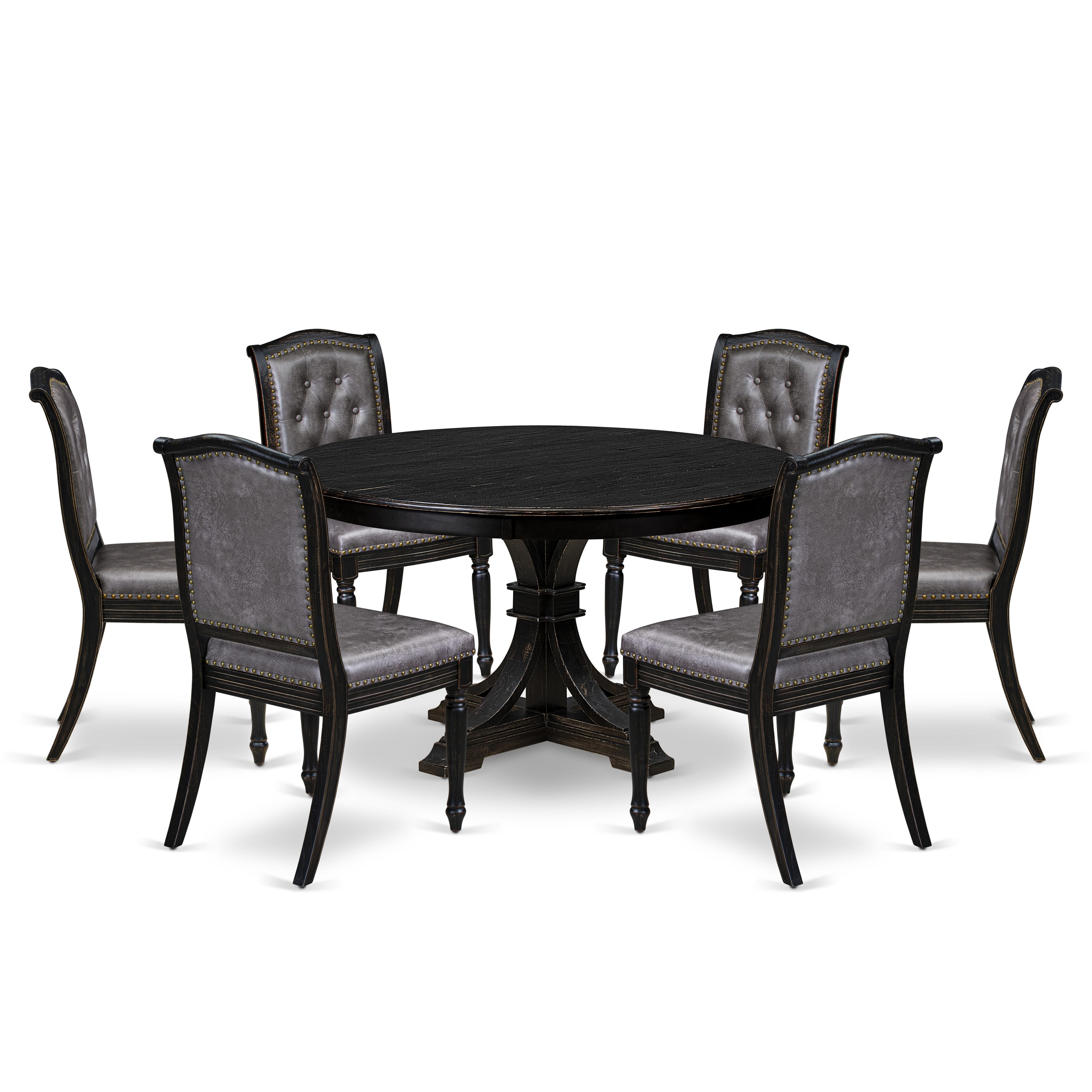 Luxe by East West Furniture - F7MA7-511-34 - 7-piece Dining Table Set consists of a Dining Table and 6 Dark Grey Polyester Fabric Dining Chairs with Button Tufted Back - Sand Blasting Black Finish