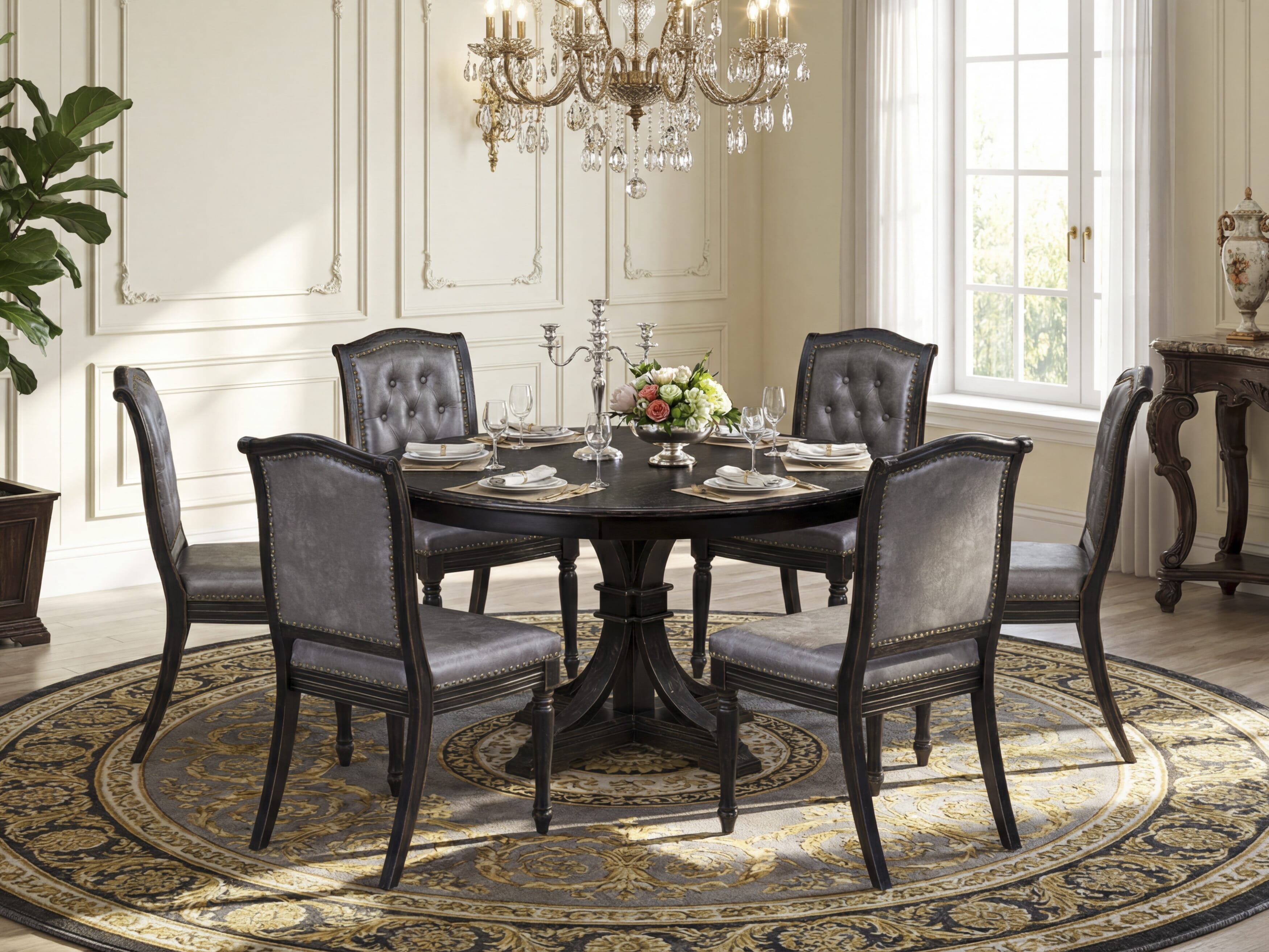 Luxe by East West Furniture - F7MA7-511-34 - 7-piece Dining Table Set consists of a Dining Table and 6 Dark Grey Polyester Fabric Dining Chairs with Button Tufted Back - Sand Blasting Black Finish