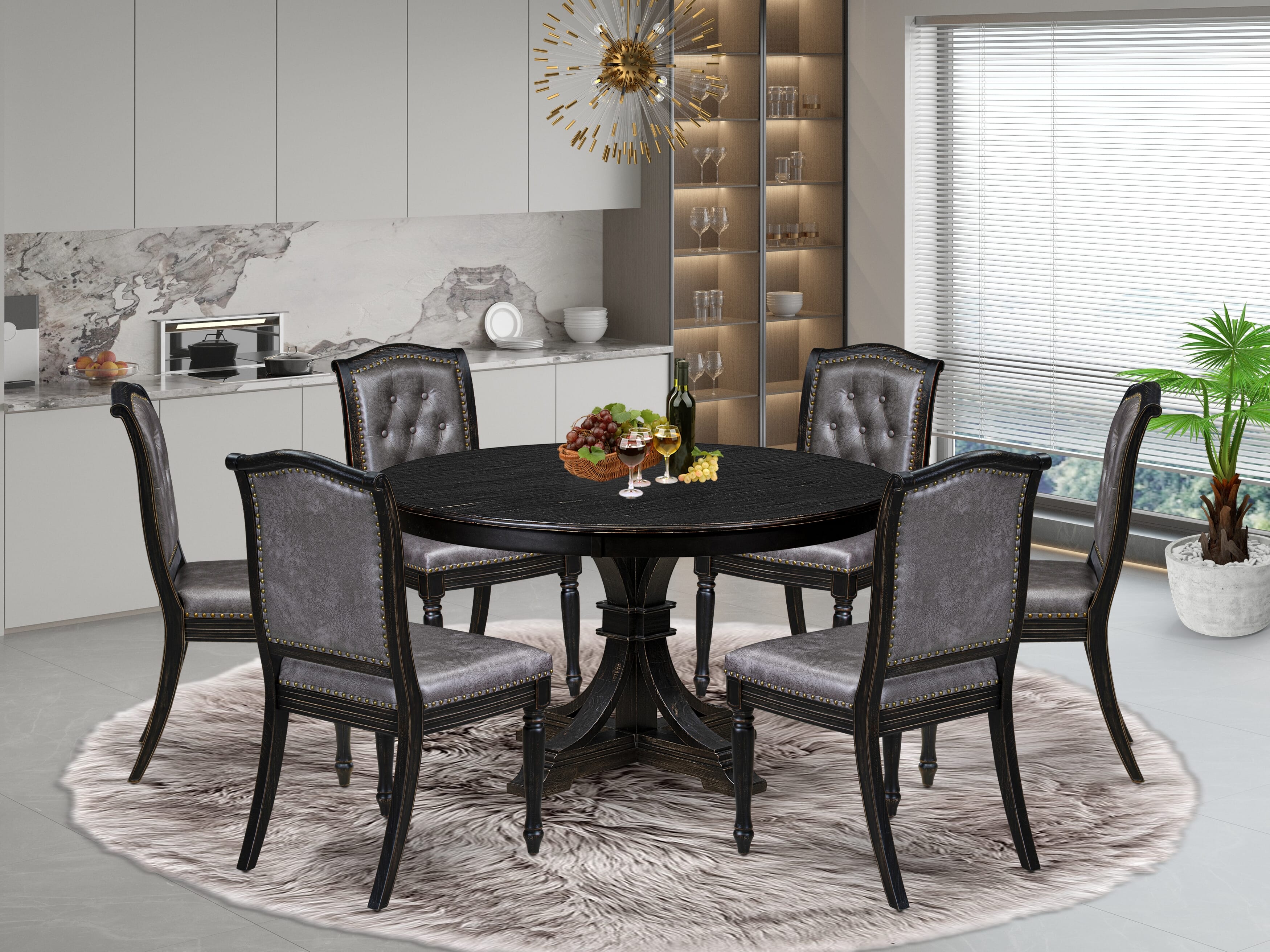 Luxe by East West Furniture - F7MA7-511-34 - 7-piece Dining Table Set consists of a Dining Table and 6 Dark Grey Polyester Fabric Dining Chairs with Button Tufted Back - Sand Blasting Black Finish