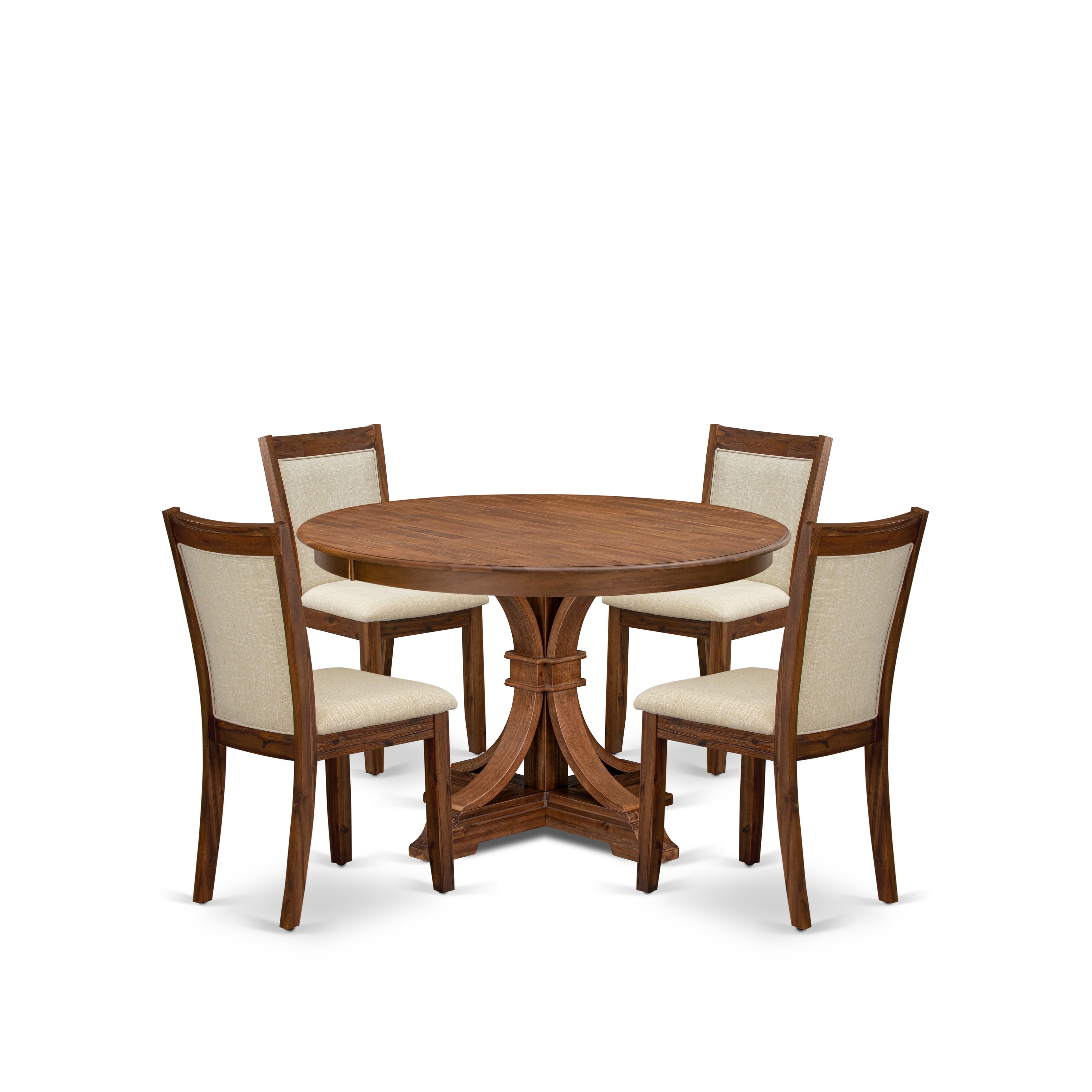 Luxe by East West Furniture F7MZ5-40N-02 5-Pc Mid-century Kitchen Set Includes a Pedestal Table and 4 Light Beige Linen Fabric Dining Chairs with Padded Back - Antique Walnut