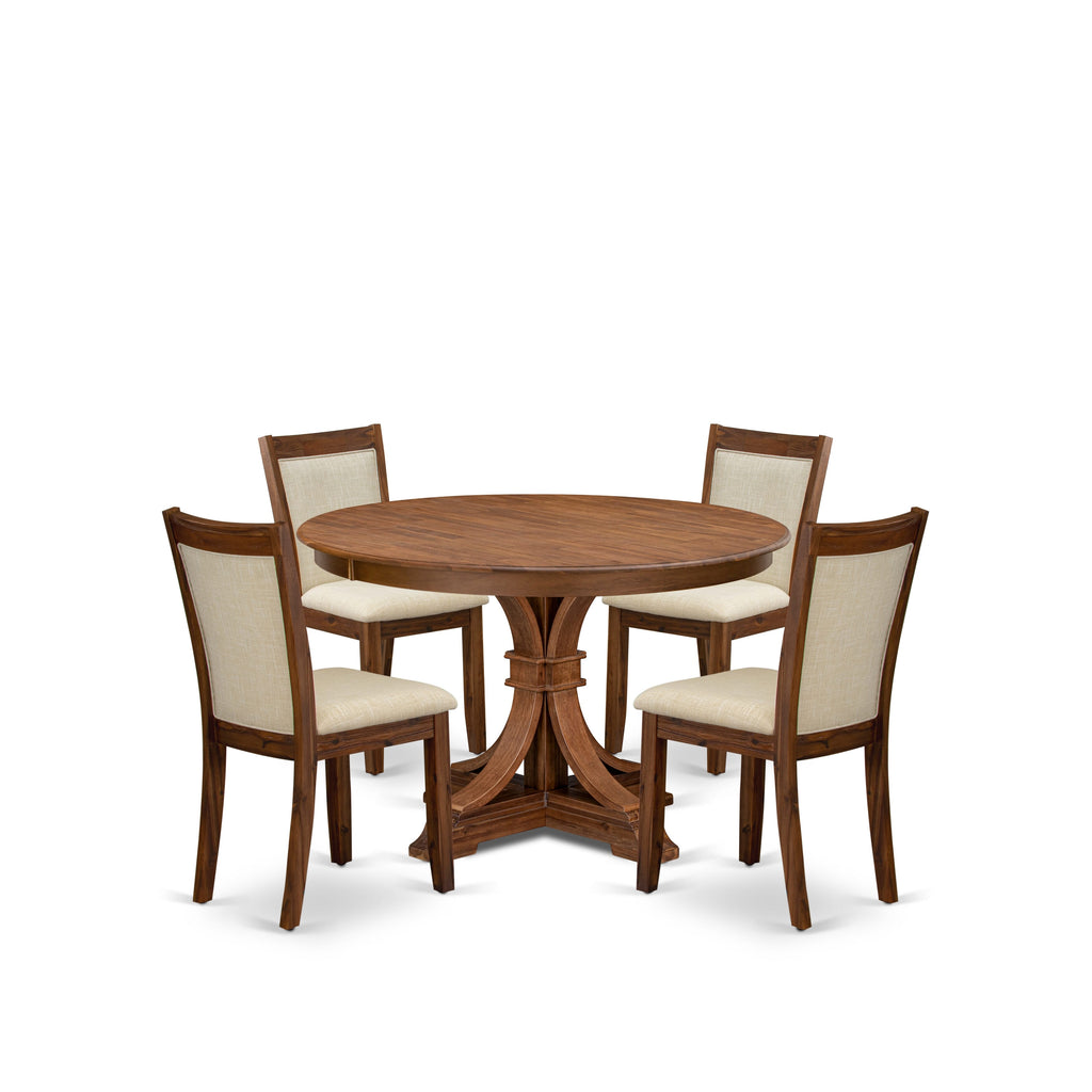 Luxe by East West Furniture F7MZ5-40N-02 5-Pc Mid-century Kitchen Set Includes a Pedestal Table and 4 Light Beige Linen Fabric Dining Chairs with Padded Back - Antique Walnut