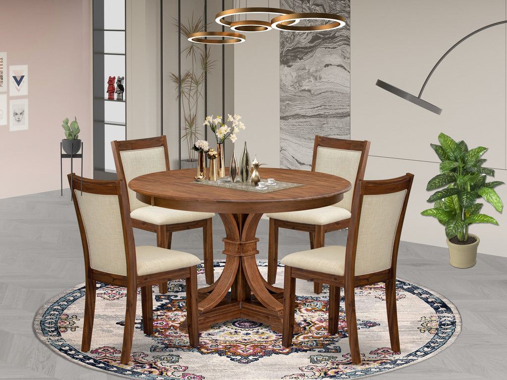 Luxe by East West Furniture F7MZ5-40N-02 5-Pc Mid-century Kitchen Set Includes a Pedestal Table and 4 Light Beige Linen Fabric Dining Chairs with Padded Back - Antique Walnut