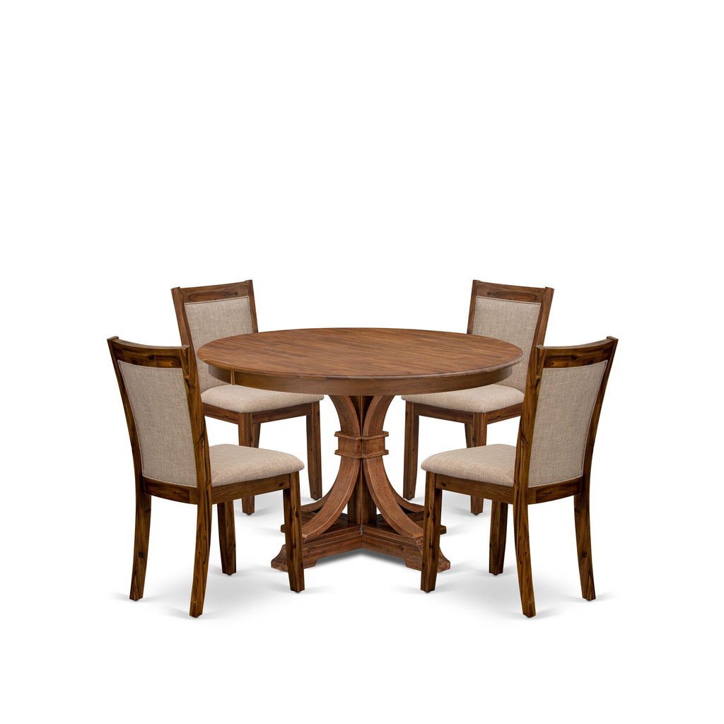 Luxe by East West Furniture F7MZ5-40N-04 5-Pc Kitchen Table Set Includes a Pedestal Dining Table and 4 Light Tan Linen Fabric Dining Chairs with Padded Back- Antique Walnut