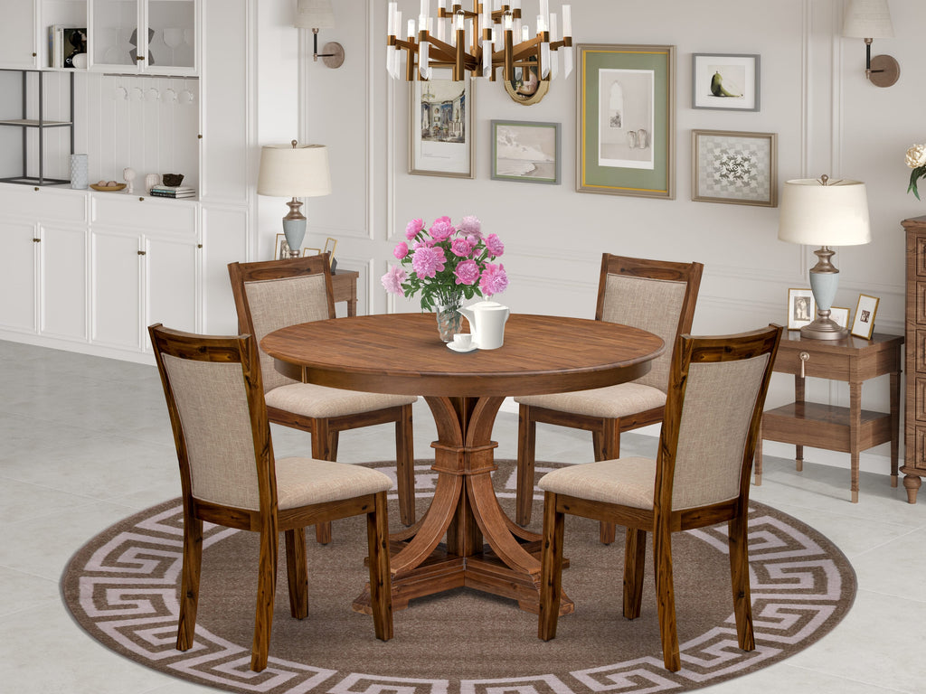 Luxe by East West Furniture F7MZ5-40N-04 5-Pc Kitchen Table Set Includes a Pedestal Dining Table and 4 Light Tan Linen Fabric Dining Chairs with Padded Back- Antique Walnut