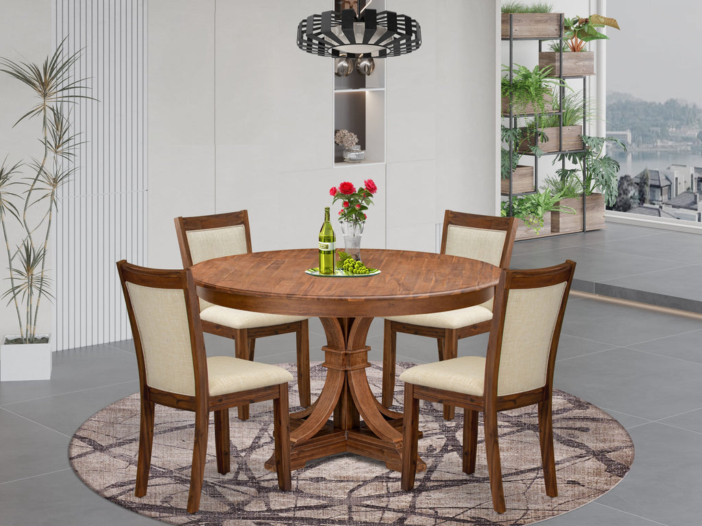 Luxe by East West Furniture F7MZ5-50N-02 5-Pc Kitchen Set Includes a Pedestal Dining Table and 4 Light Beige Linen Fabric Padded Chairs with Padded Back - Antique Walnut Finish