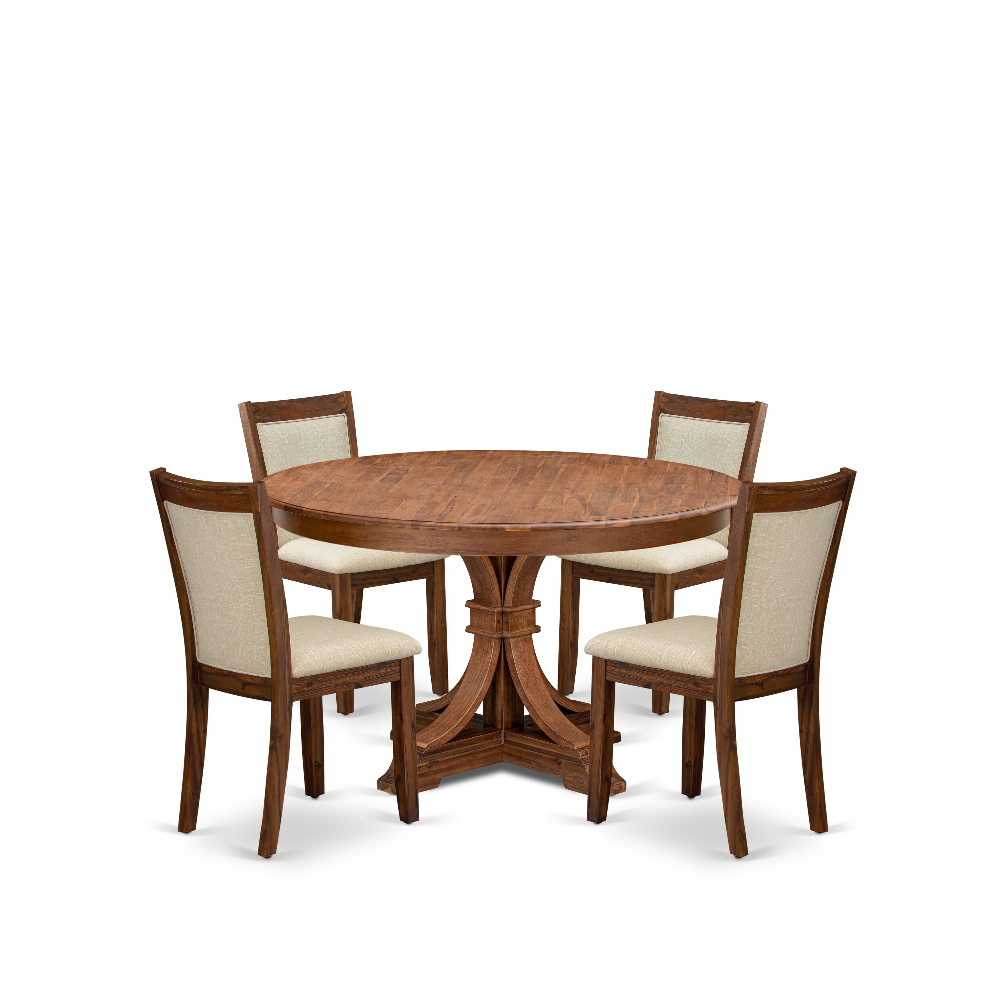 Luxe by East West Furniture F7MZ5-50N-02 5-Pc Kitchen Set Includes a Pedestal Dining Table and 4 Light Beige Linen Fabric Padded Chairs with Padded Back - Antique Walnut Finish