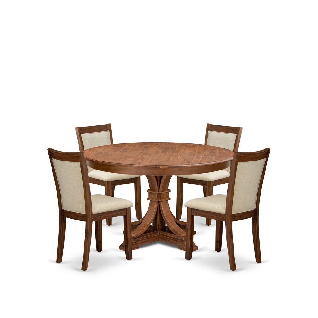 Luxe by East West Furniture F7MZ5-50N-02 5-Pc Kitchen Set Includes a Pedestal Dining Table and 4 Light Beige Linen Fabric Padded Chairs with Padded Back - Antique Walnut Finish