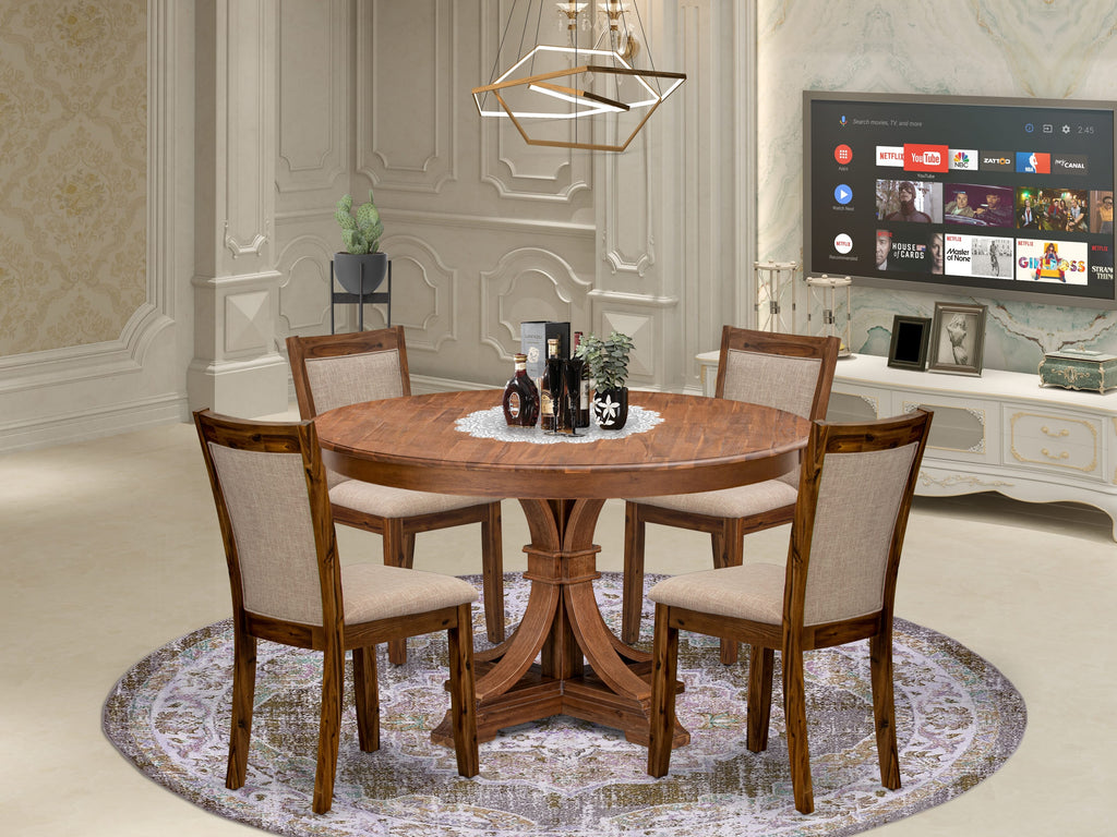 Luxe by East West Furniture F7MZ5-50N-04 5-Pc Dining Table Set Includes a Pedestal Dinner Table and 4 Light Tan Linen Fabric Parson Chairs with Padded Back- Antique Walnut