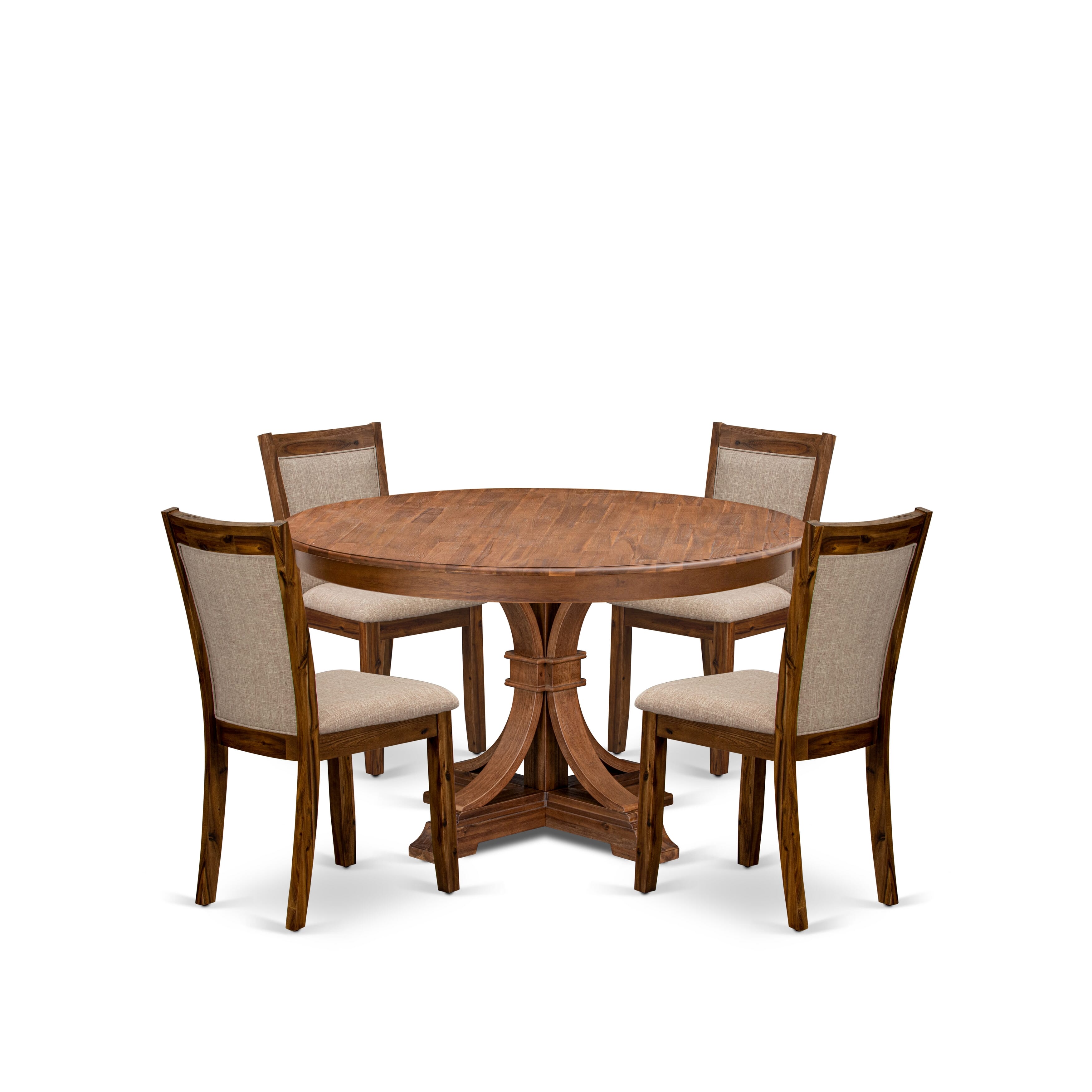 Luxe by East West Furniture F7MZ5-50N-04 5-Pc Dining Table Set Includes a Pedestal Dinner Table and 4 Light Tan Linen Fabric Parson Chairs with Padded Back- Antique Walnut