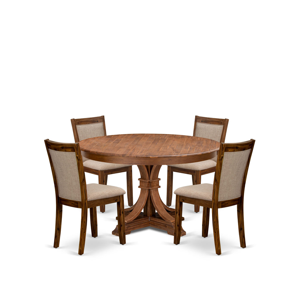Luxe by East West Furniture F7MZ5-50N-04 5-Pc Dining Table Set Includes a Pedestal Dinner Table and 4 Light Tan Linen Fabric Parson Chairs with Padded Back- Antique Walnut