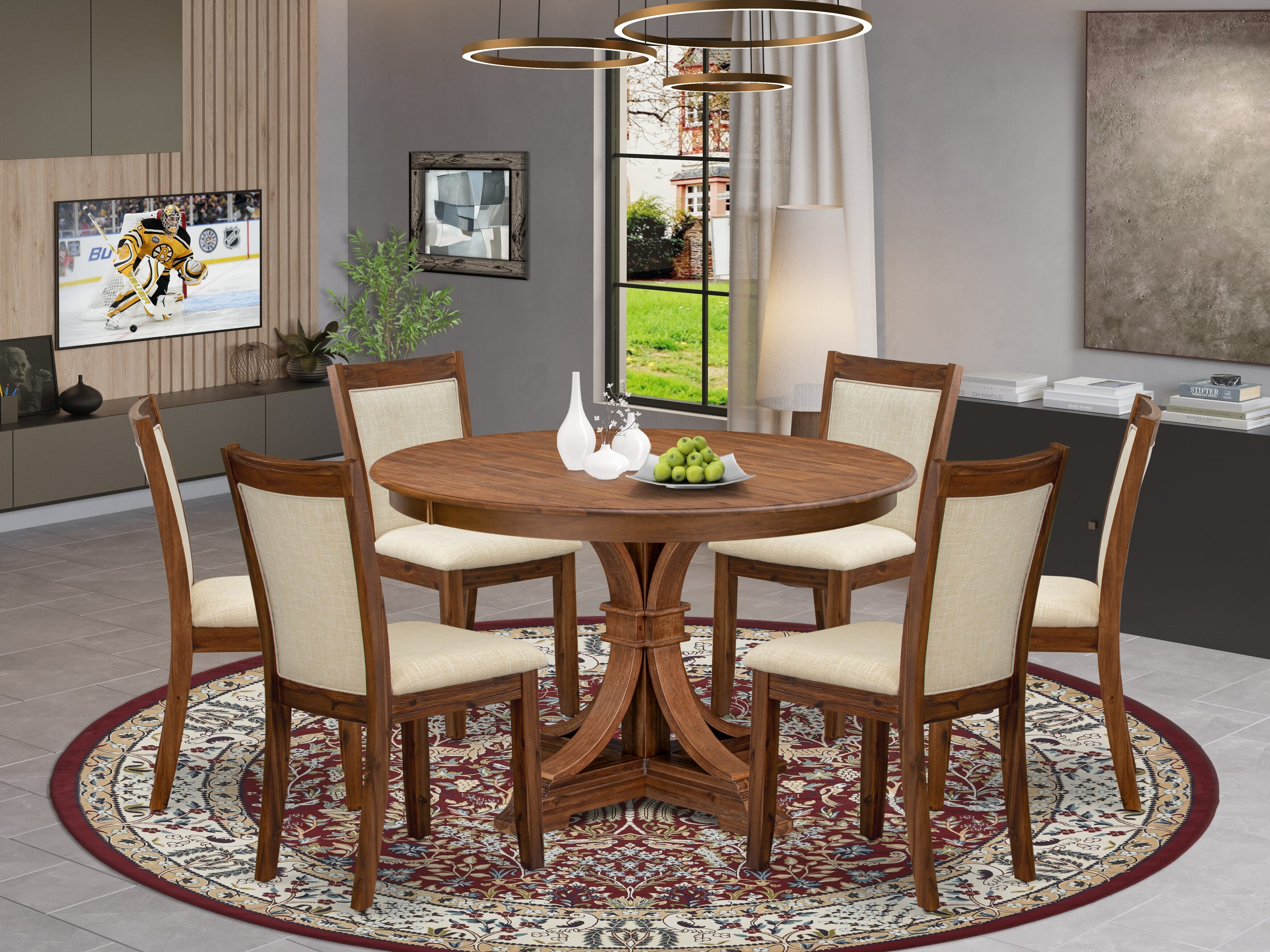 Luxe by East West Furniture F7MZ7-40N-02 7-Pc Dining Set consists of a Pedestal Kitchen Table and 6 Light Beige Linen Fabric Chairs with Padded Back - Antique Walnut
