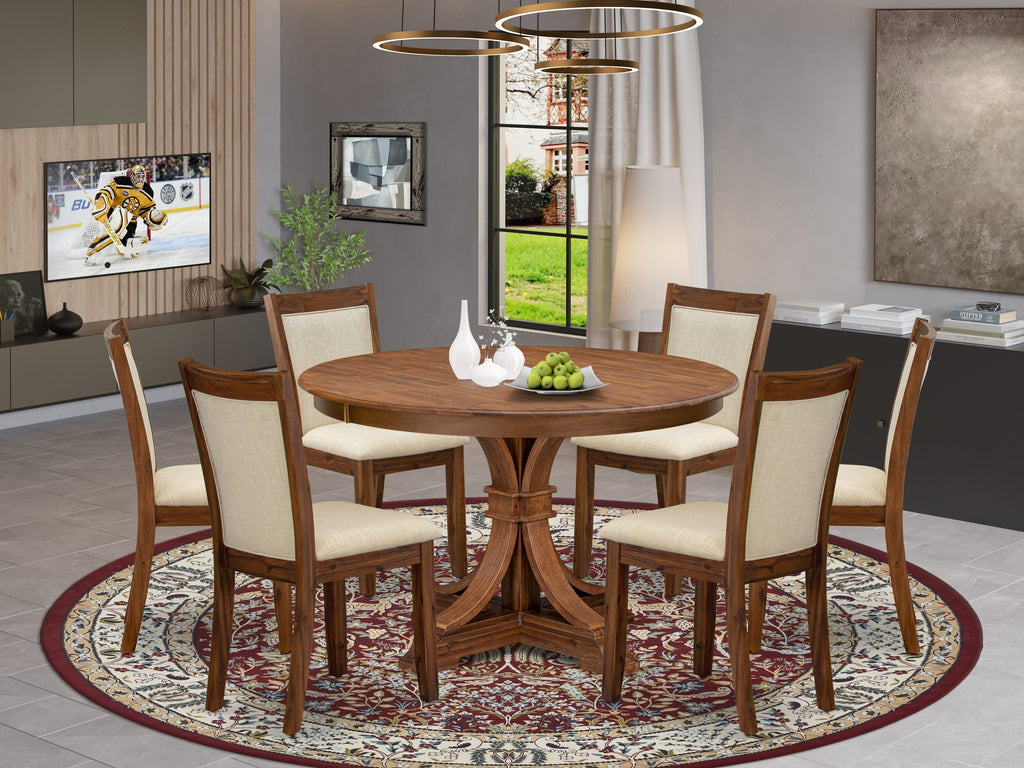 Luxe by East West Furniture F7MZ7-40N-02 7-Pc Dining Set consists of a Pedestal Kitchen Table and 6 Light Beige Linen Fabric Chairs with Padded Back - Antique Walnut