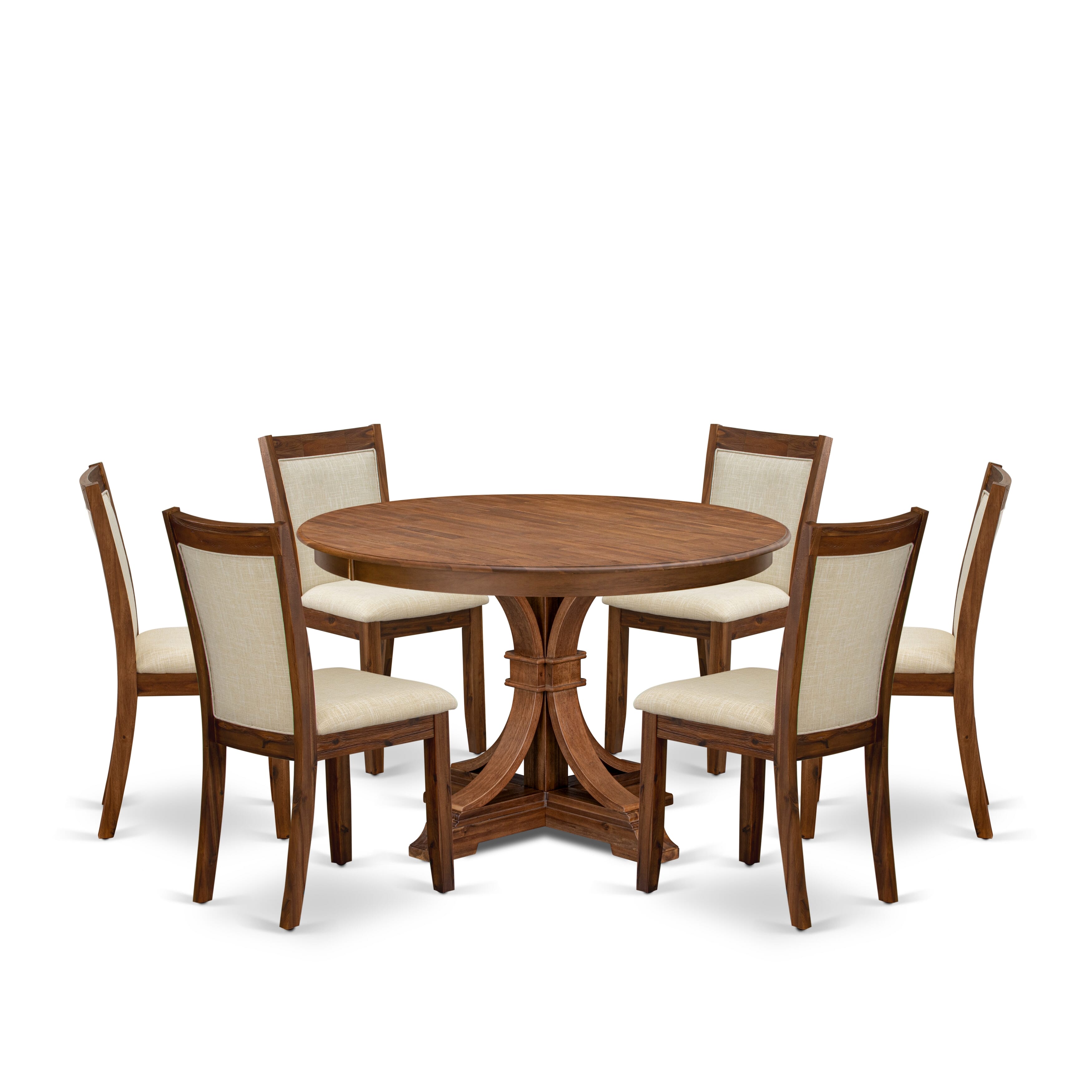 Luxe by East West Furniture F7MZ7-40N-02 7-Pc Dining Set consists of a Pedestal Kitchen Table and 6 Light Beige Linen Fabric Chairs with Padded Back - Antique Walnut