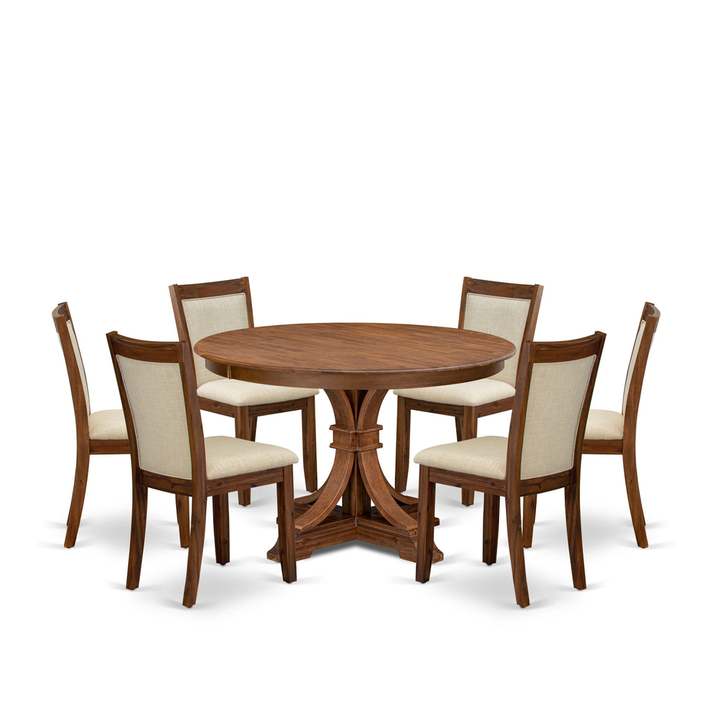 Luxe by East West Furniture F7MZ7-40N-02 7-Pc Dining Set consists of a Pedestal Kitchen Table and 6 Light Beige Linen Fabric Chairs with Padded Back - Antique Walnut